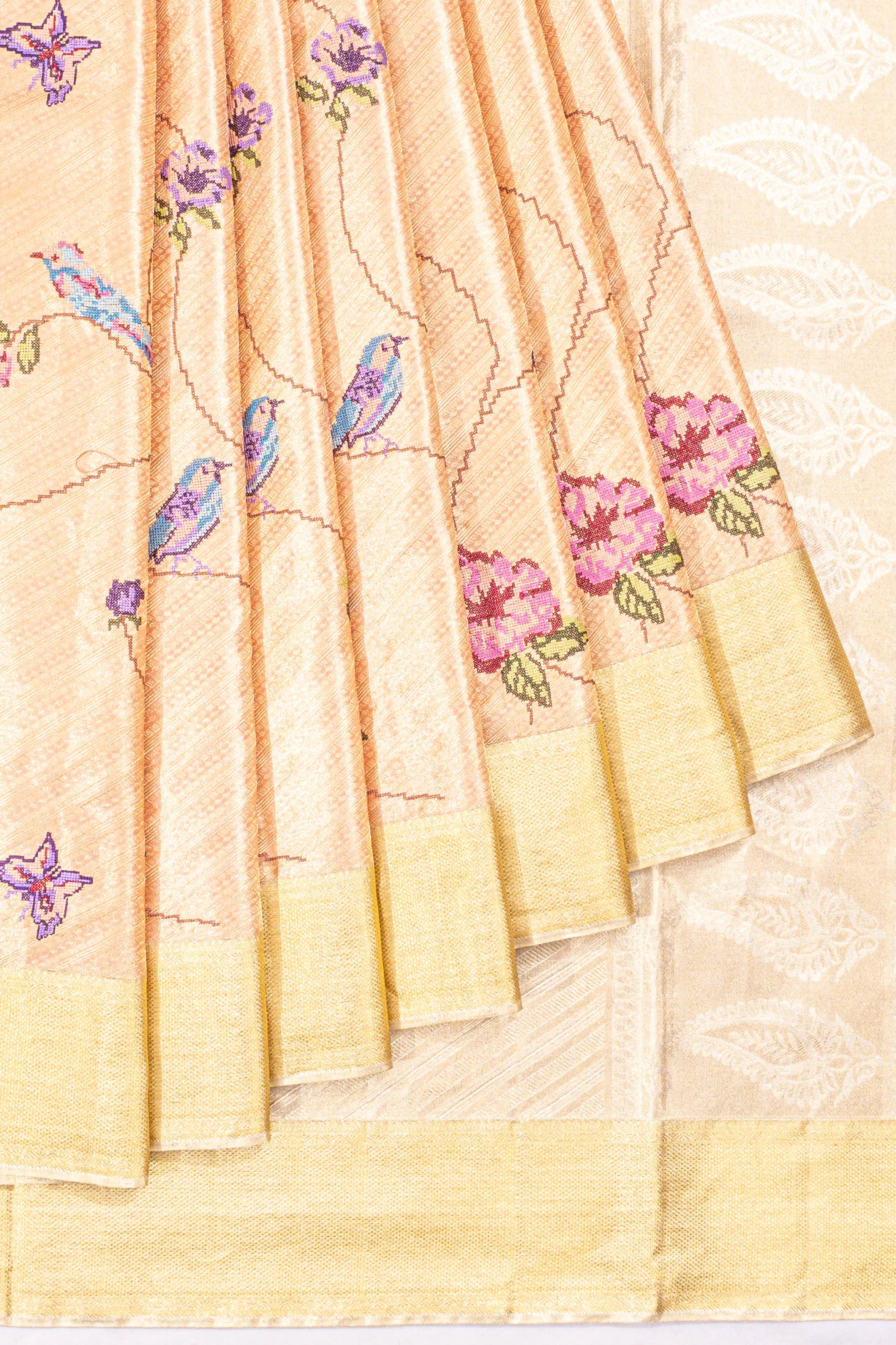 Taranga Kanchi Silk Tissue Brocade Peach Saree With Embroidery