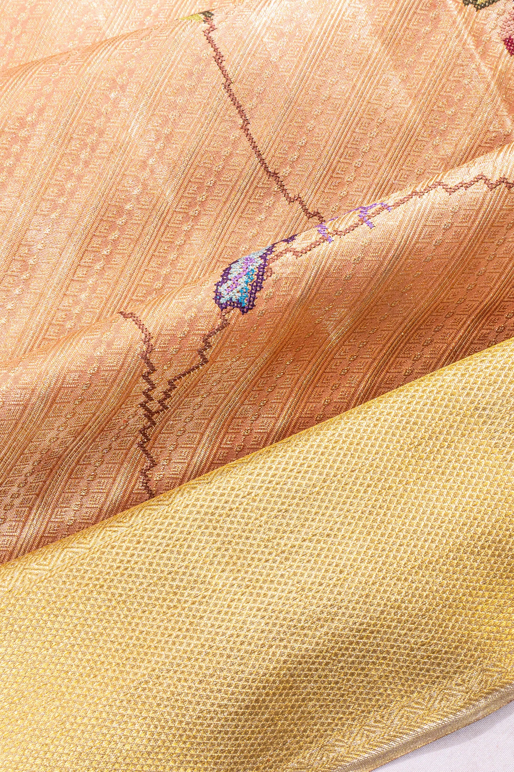 Taranga Kanchi Silk Tissue Brocade Peach Saree With Embroidery