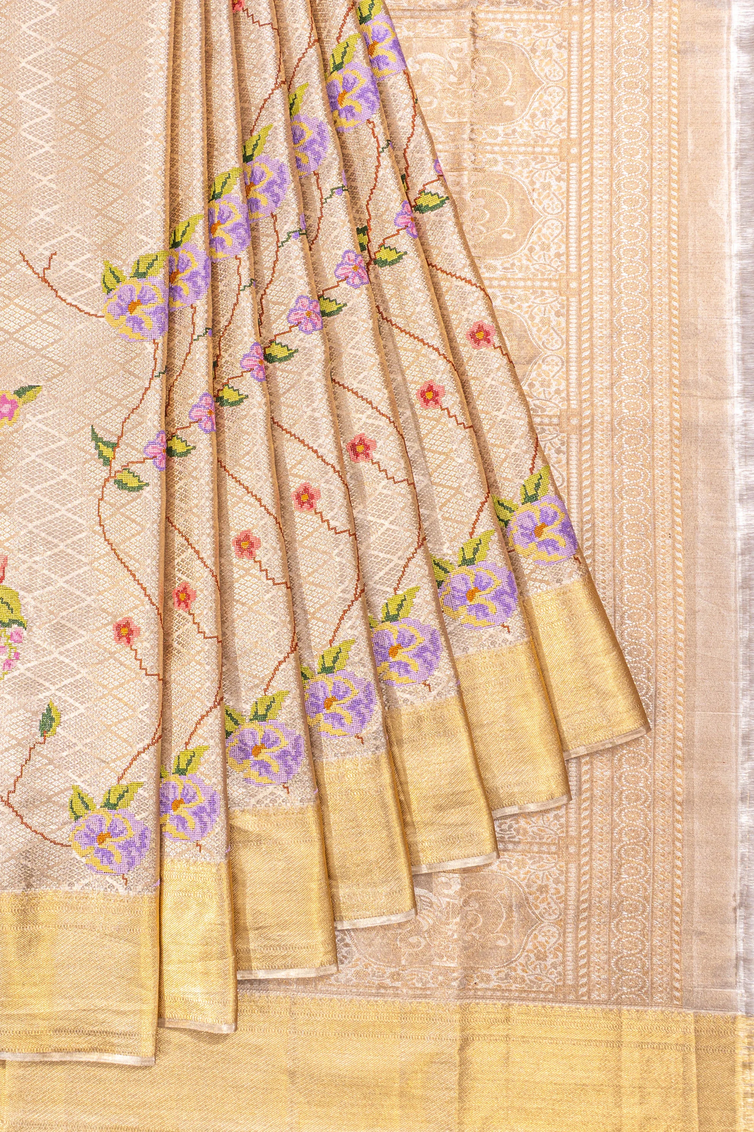 Taranga Kanchi Silk Tissue Brocade Gold Saree With Embroidery
