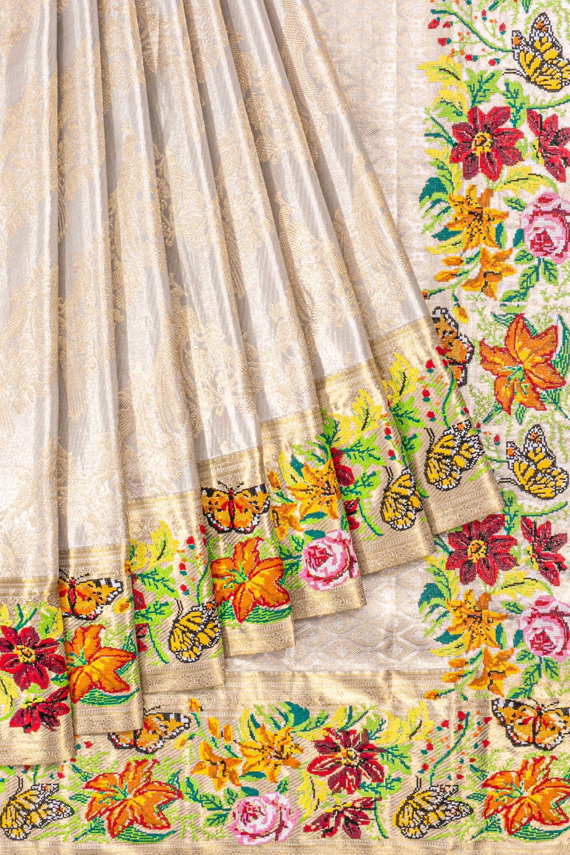 Kanchipuram Silk Tissue Jaal Silver Saree With Embroidery Border
