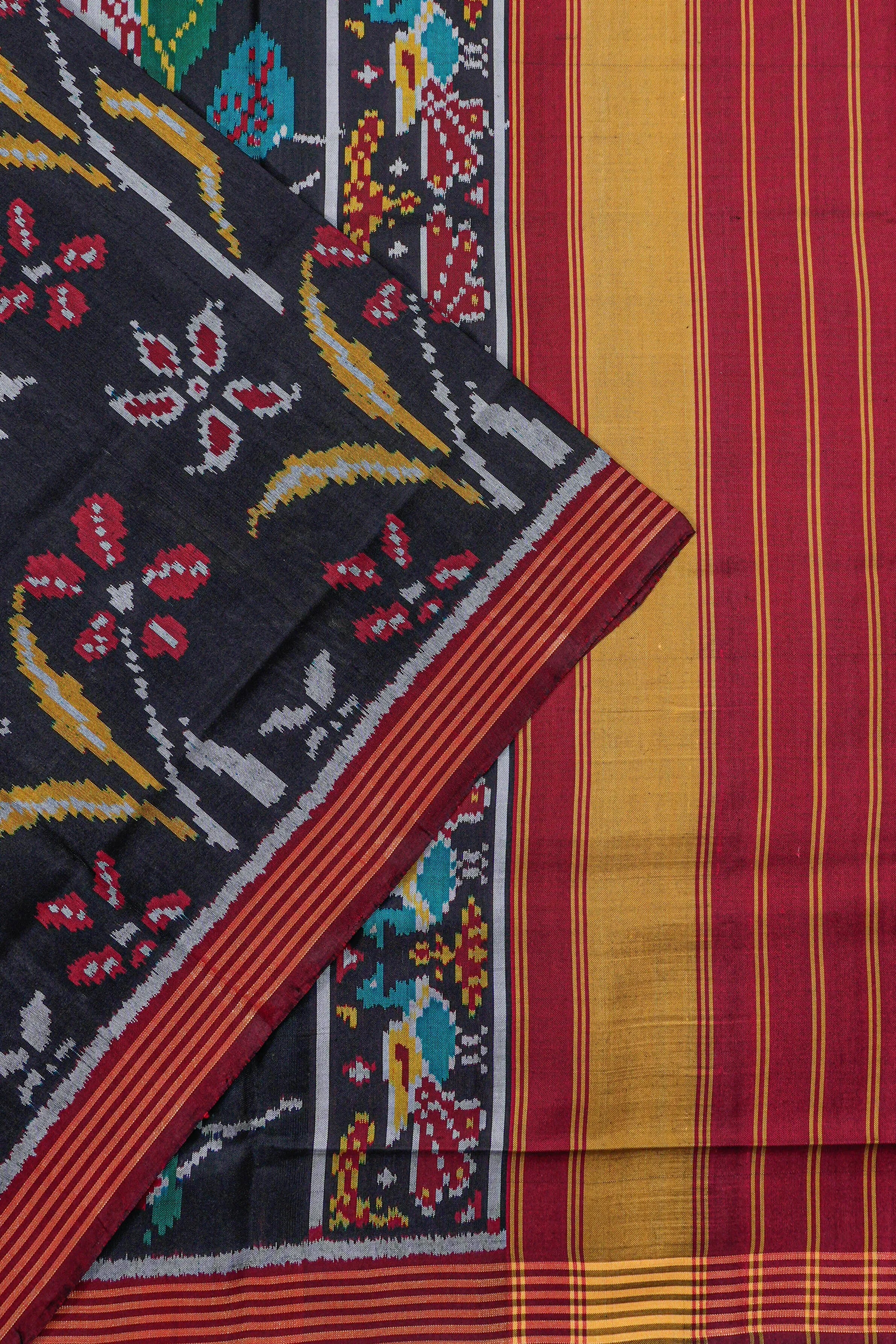Semi Patan Silk Ikat Black Saree With Pichwai Motifs