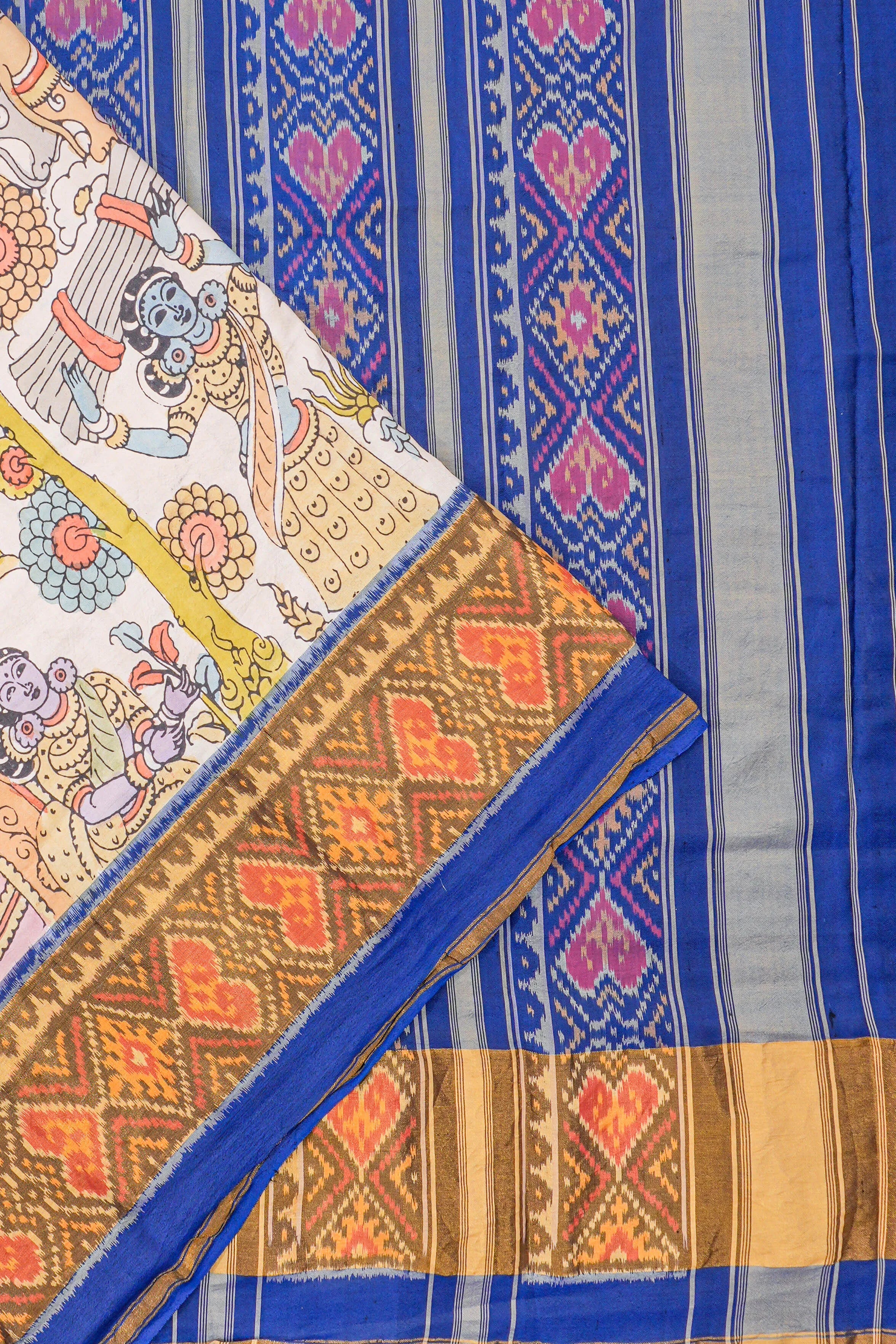 Kalamkari X Rajkot Patola Silk Ikat Cream Saree