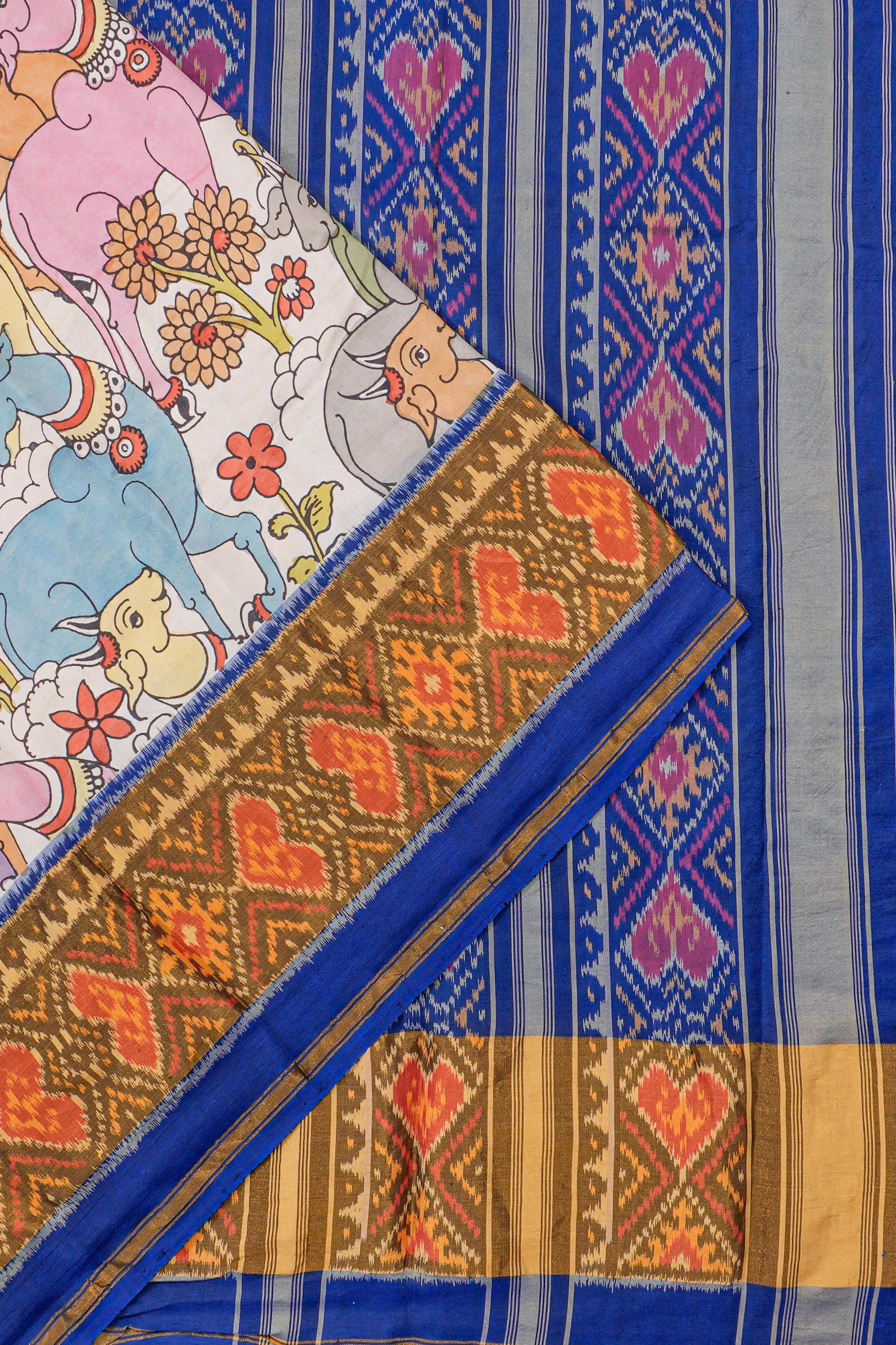 Kalamkari X Rajkot Patola Silk Ikat Cream Saree