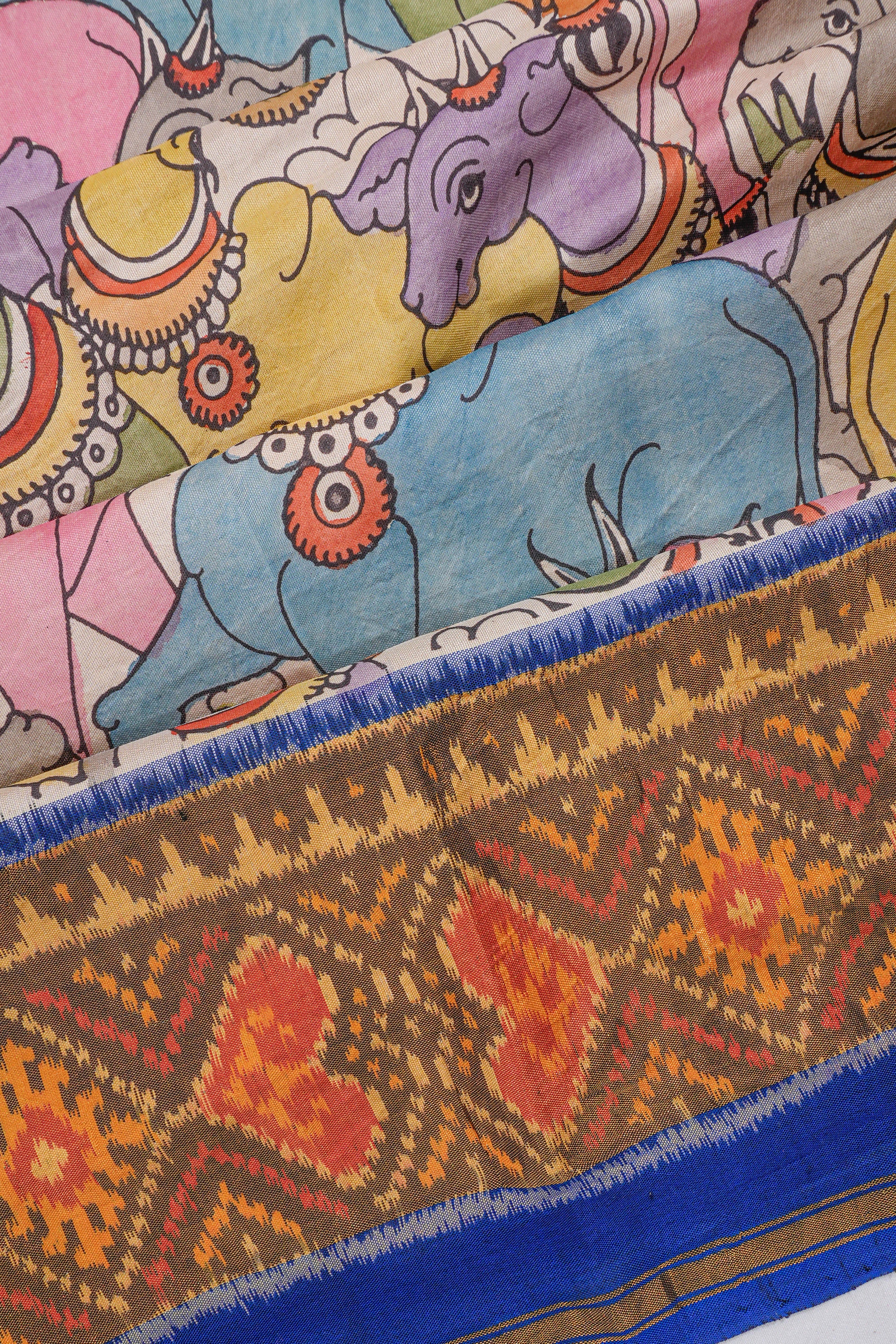 Kalamkari X Rajkot Patola Silk Ikat Cream Saree