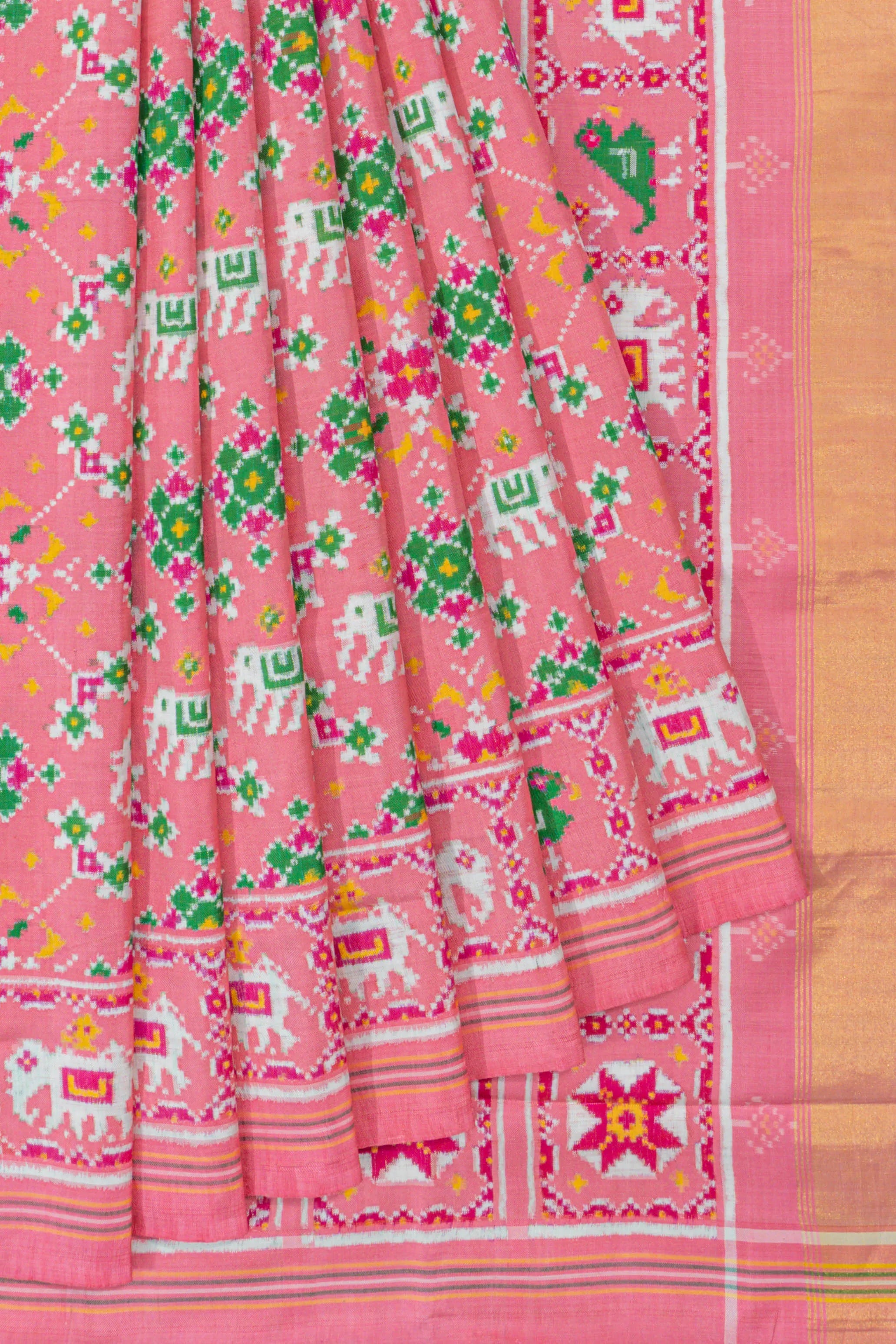Patan Patola Silk Double Ikat Navratna Peach Saree
