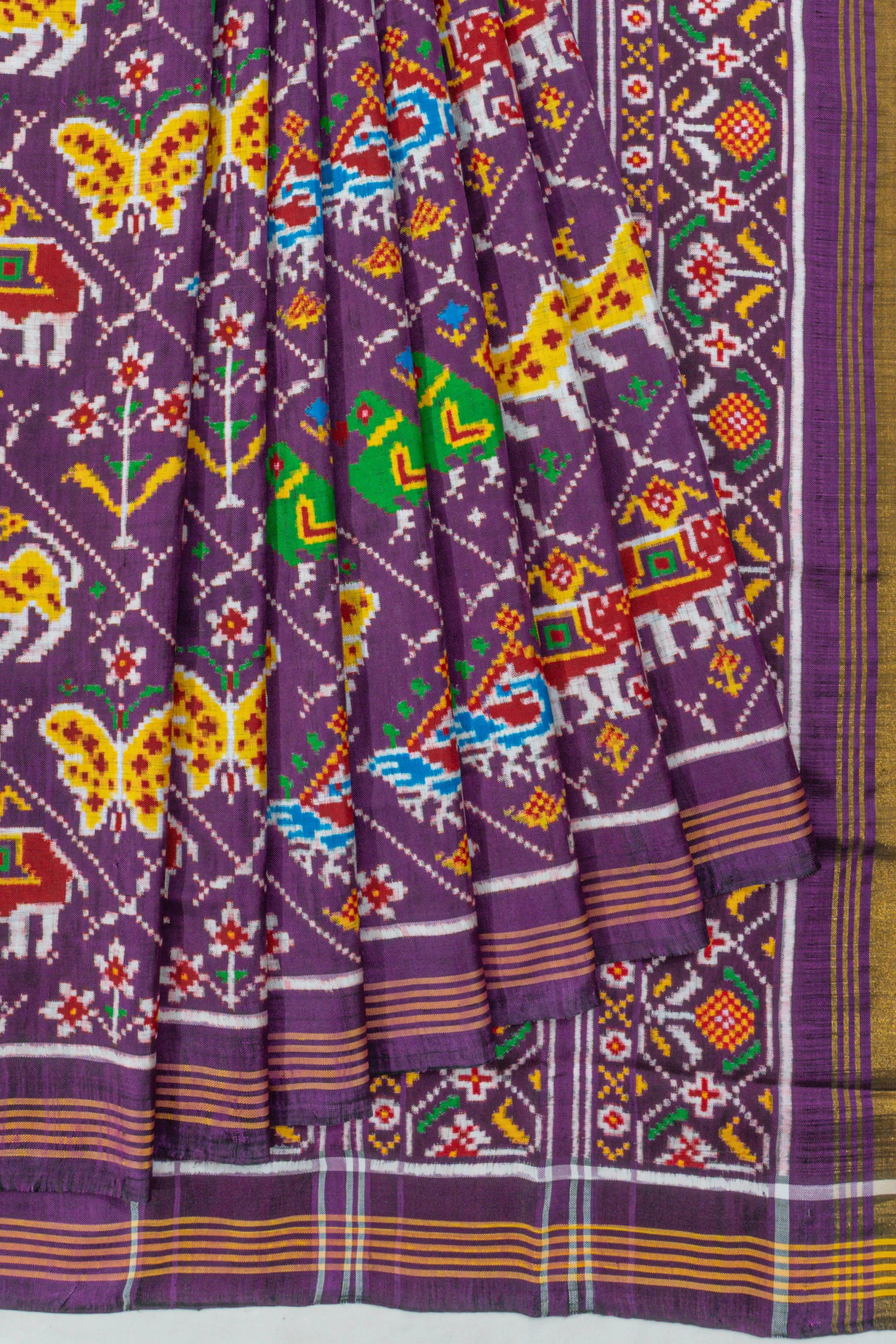 Patan Patola Silk Double Ikat 6 Figure Nari Kunjar Purple Saree