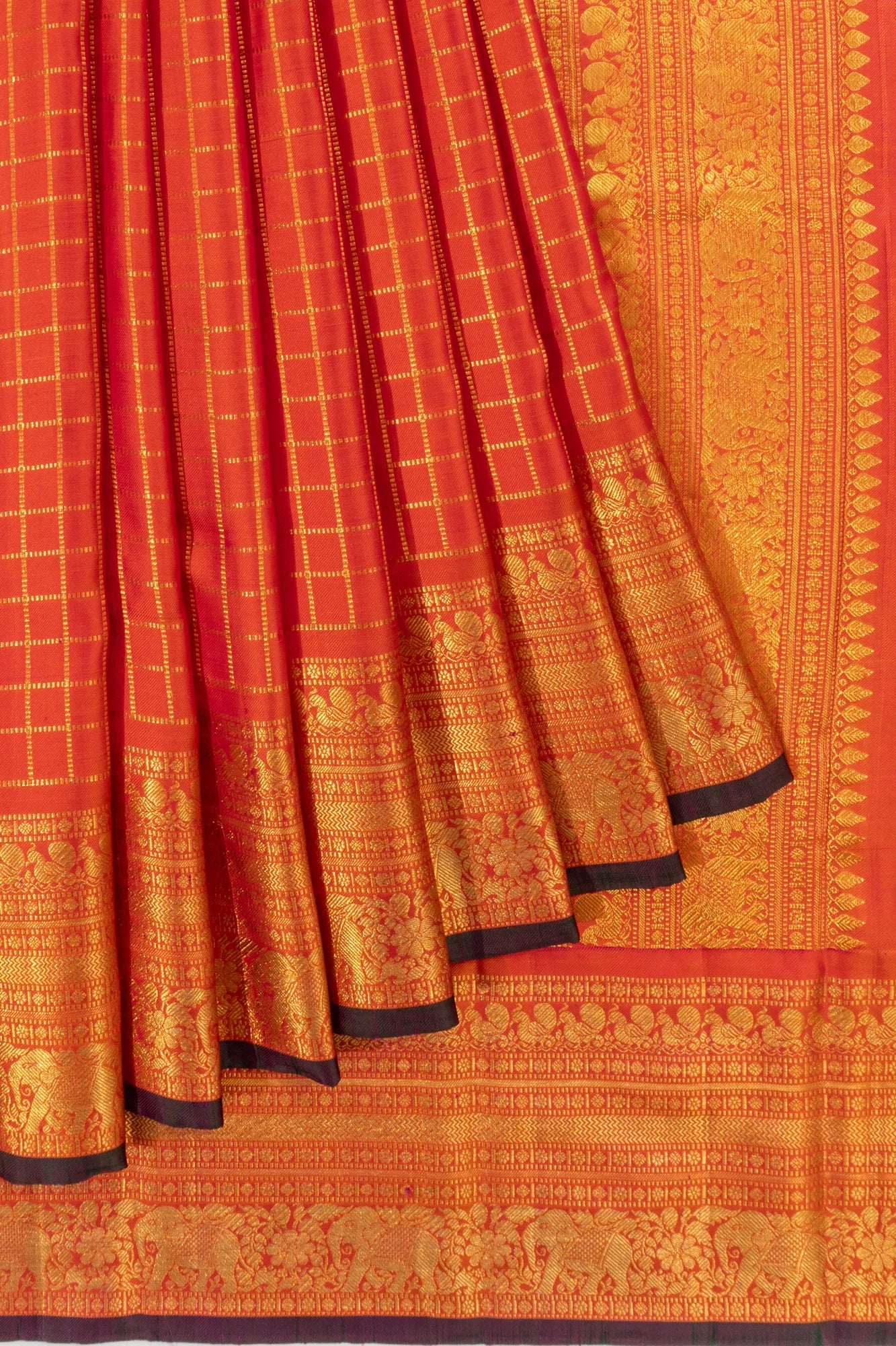 Classic Kanchipuram Silk Twill Checks Orange Saree