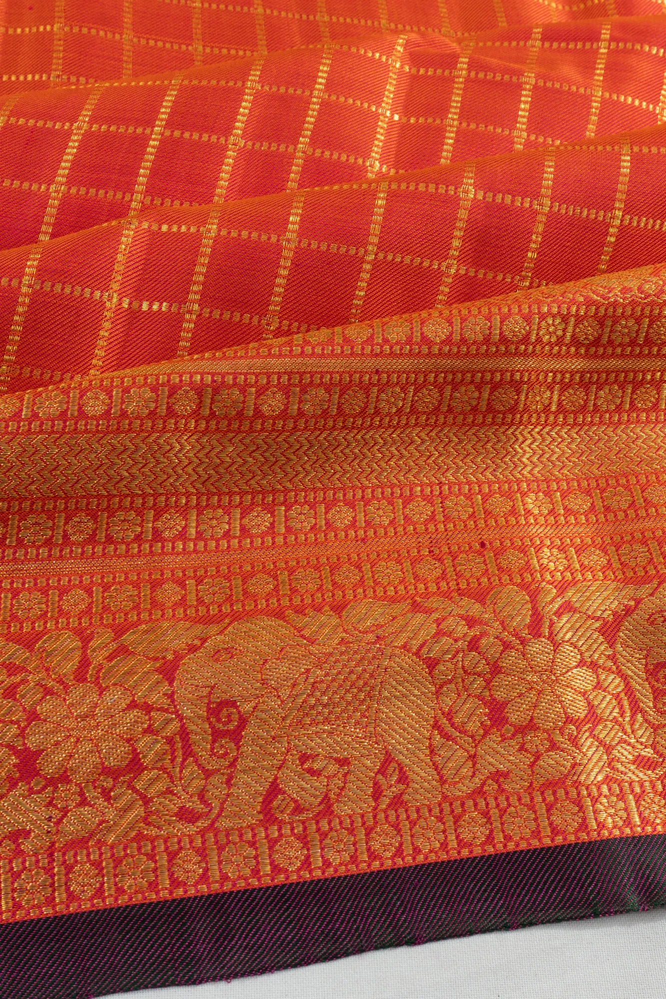 Classic Kanchipuram Silk Twill Checks Orange Saree