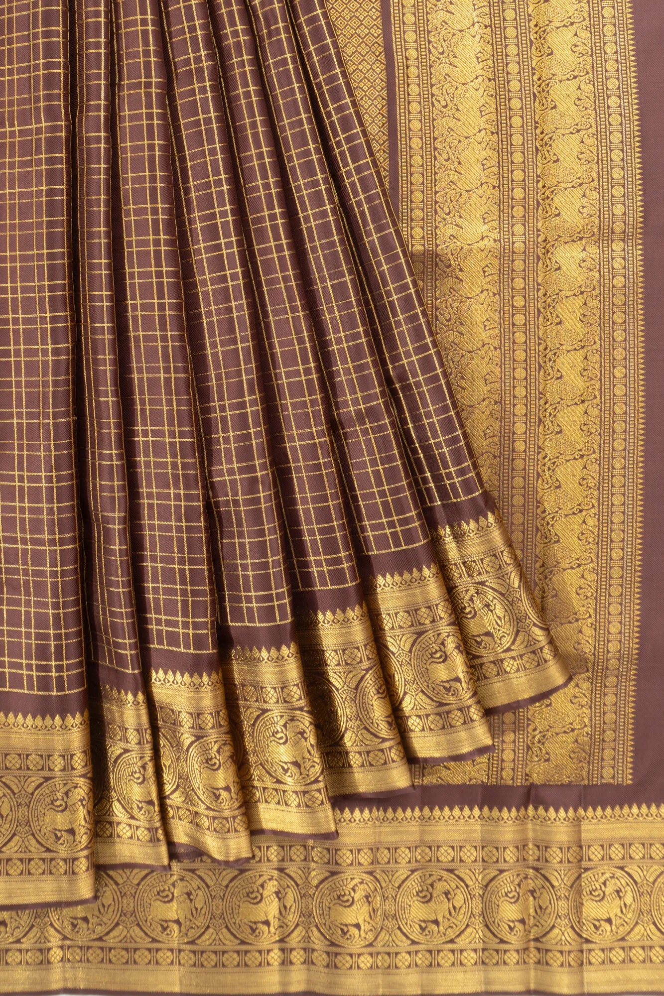 Classic Kanchipuram Silk Twill Checks Brown Saree