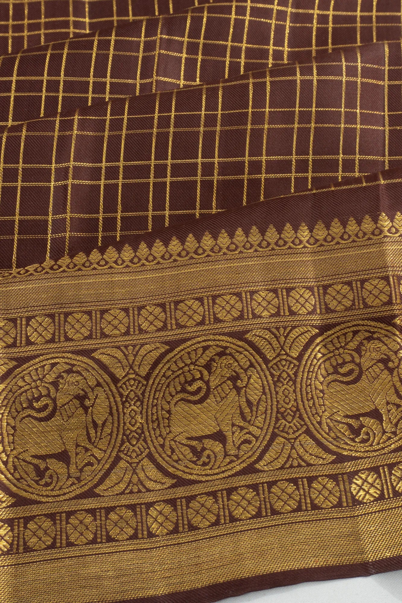 Classic Kanchipuram Silk Twill Checks Brown Saree
