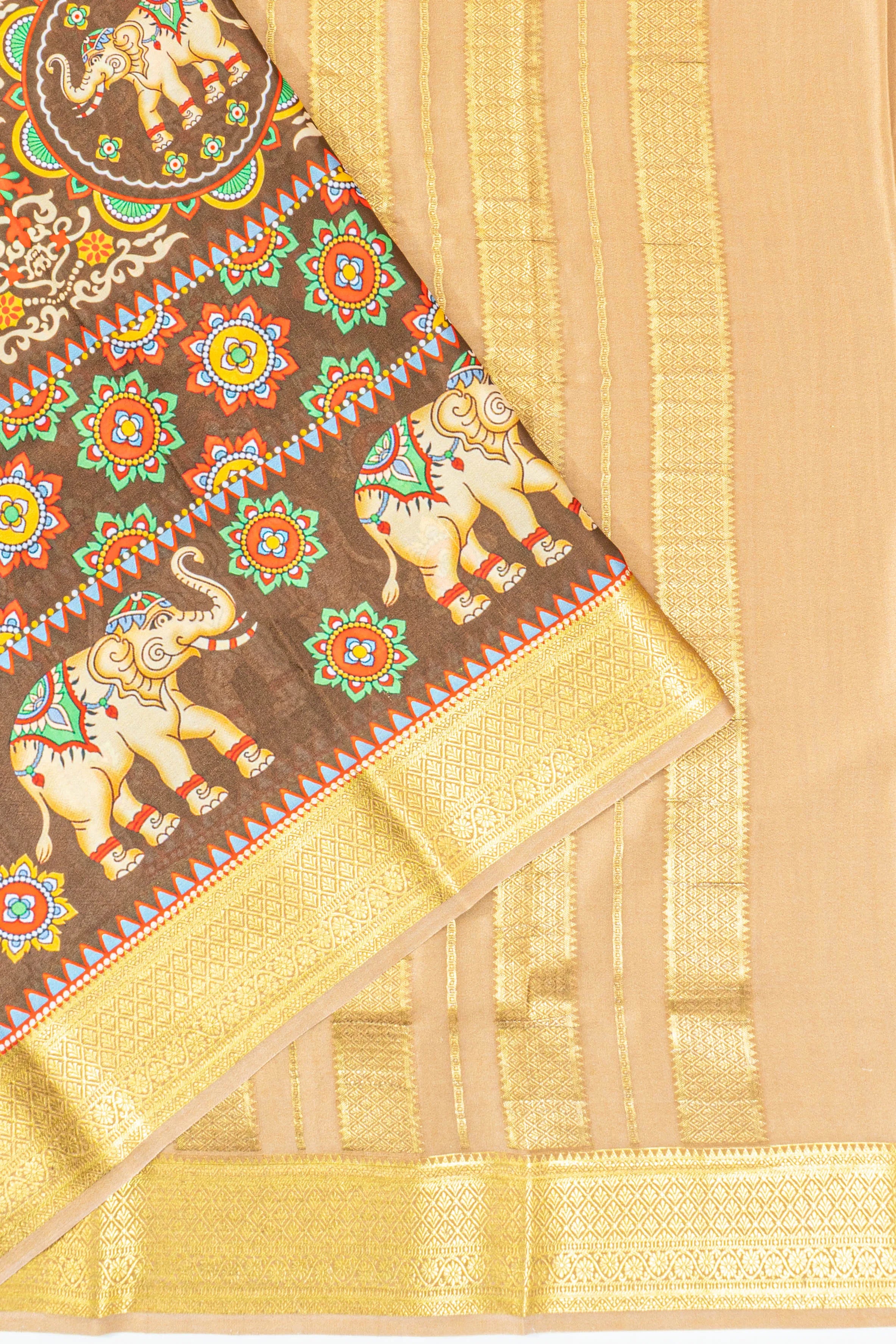 Mysore Silk Floral Printed Brown Saree