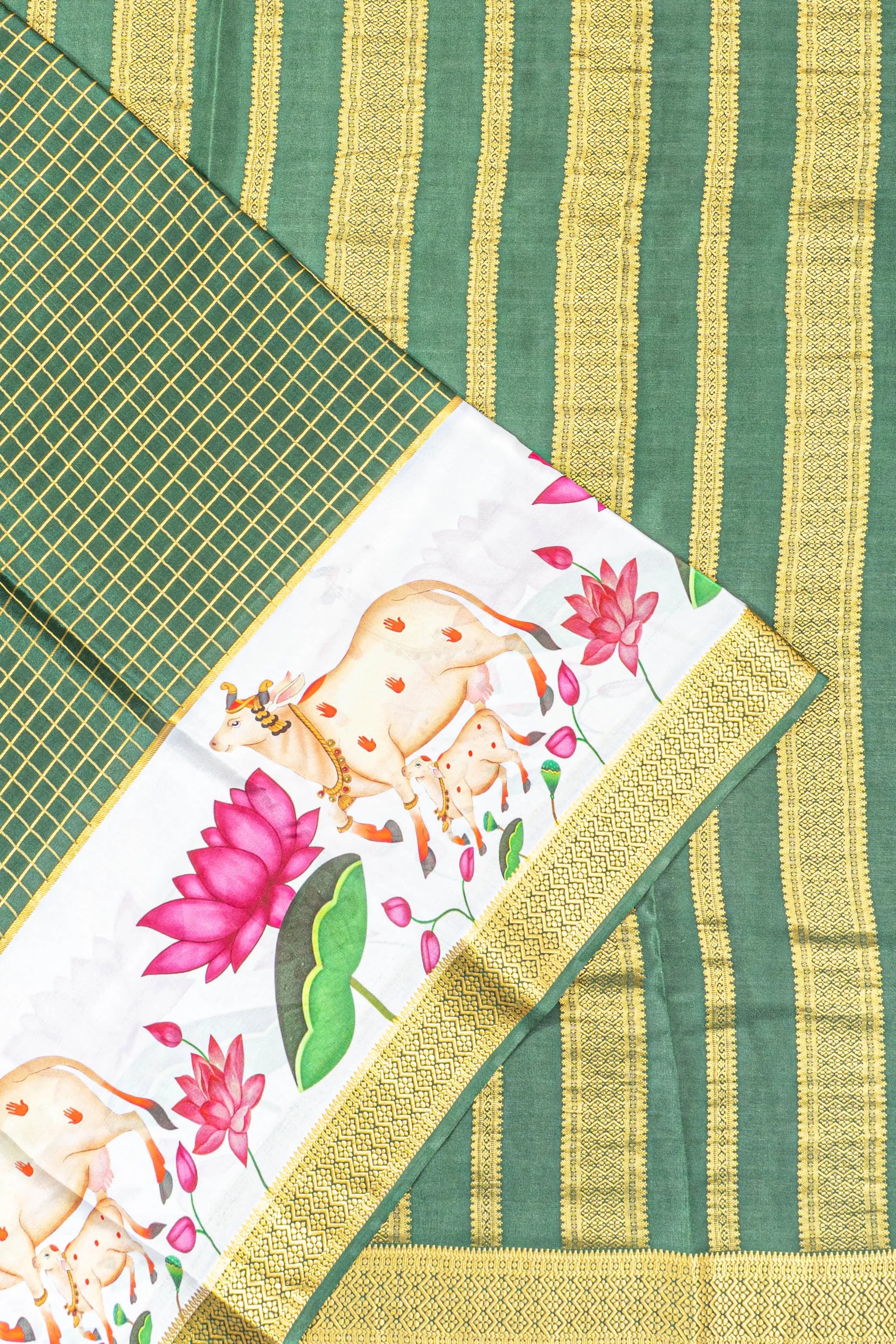 Mysore Silk Checks Bottle Green Saree