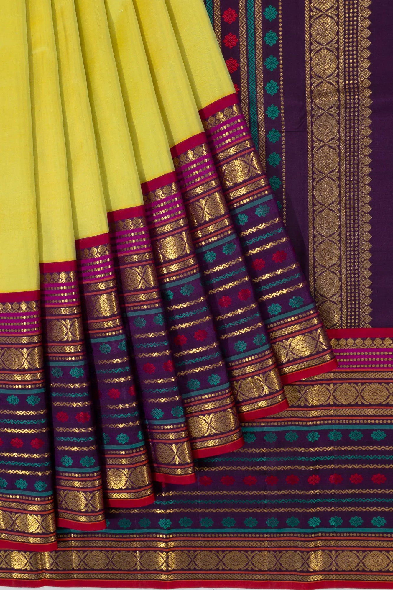 Vintage Kanchipuram Silk Plain Yellow Saree With Big Border