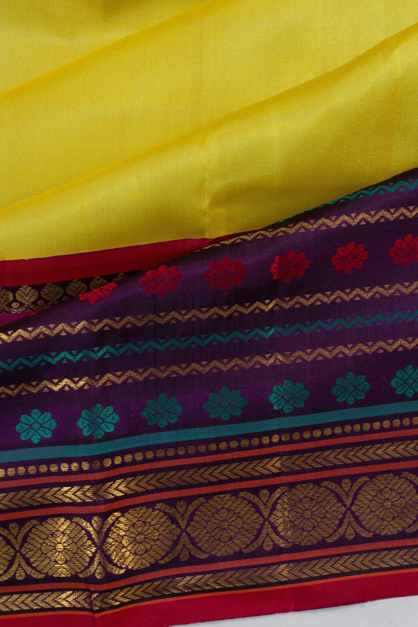 Vintage Kanchipuram Silk Plain Yellow Saree With Big Border