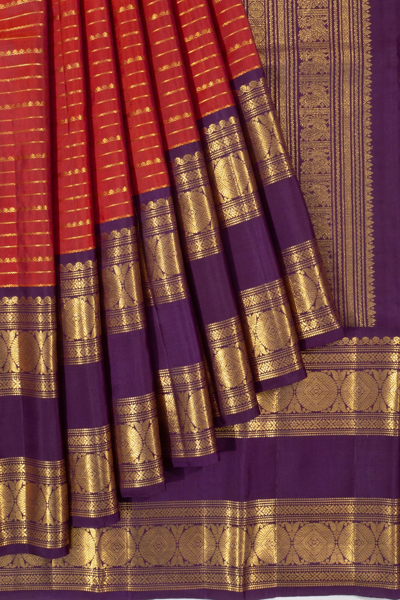 Vintage Kanchipuram Silk Lines Rust Orange Saree With Rettai Pettu Border