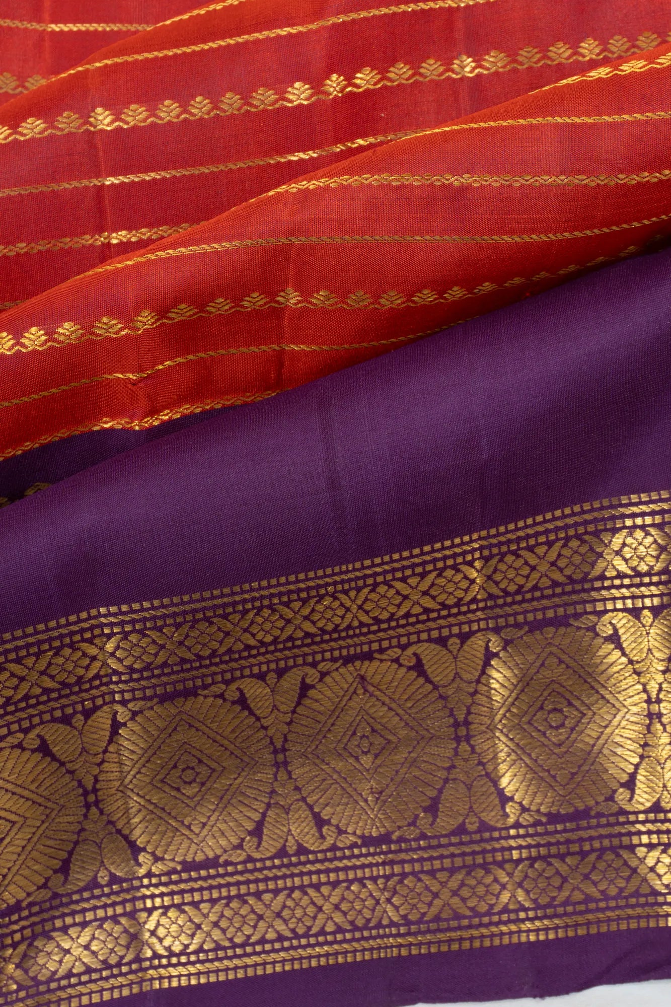 Vintage Kanchipuram Silk Lines Rust Orange Saree With Rettai Pettu Border