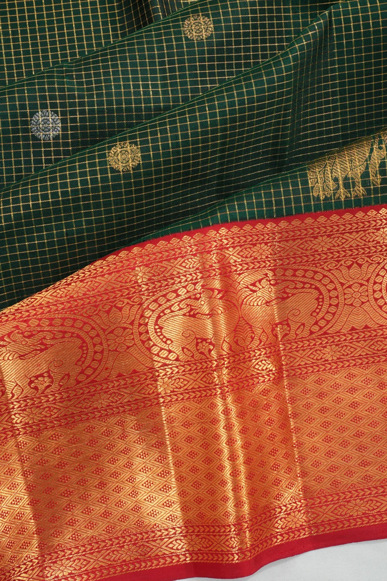 Classic Kanchipuram Silk Checks And Butta Bottle Green Saree