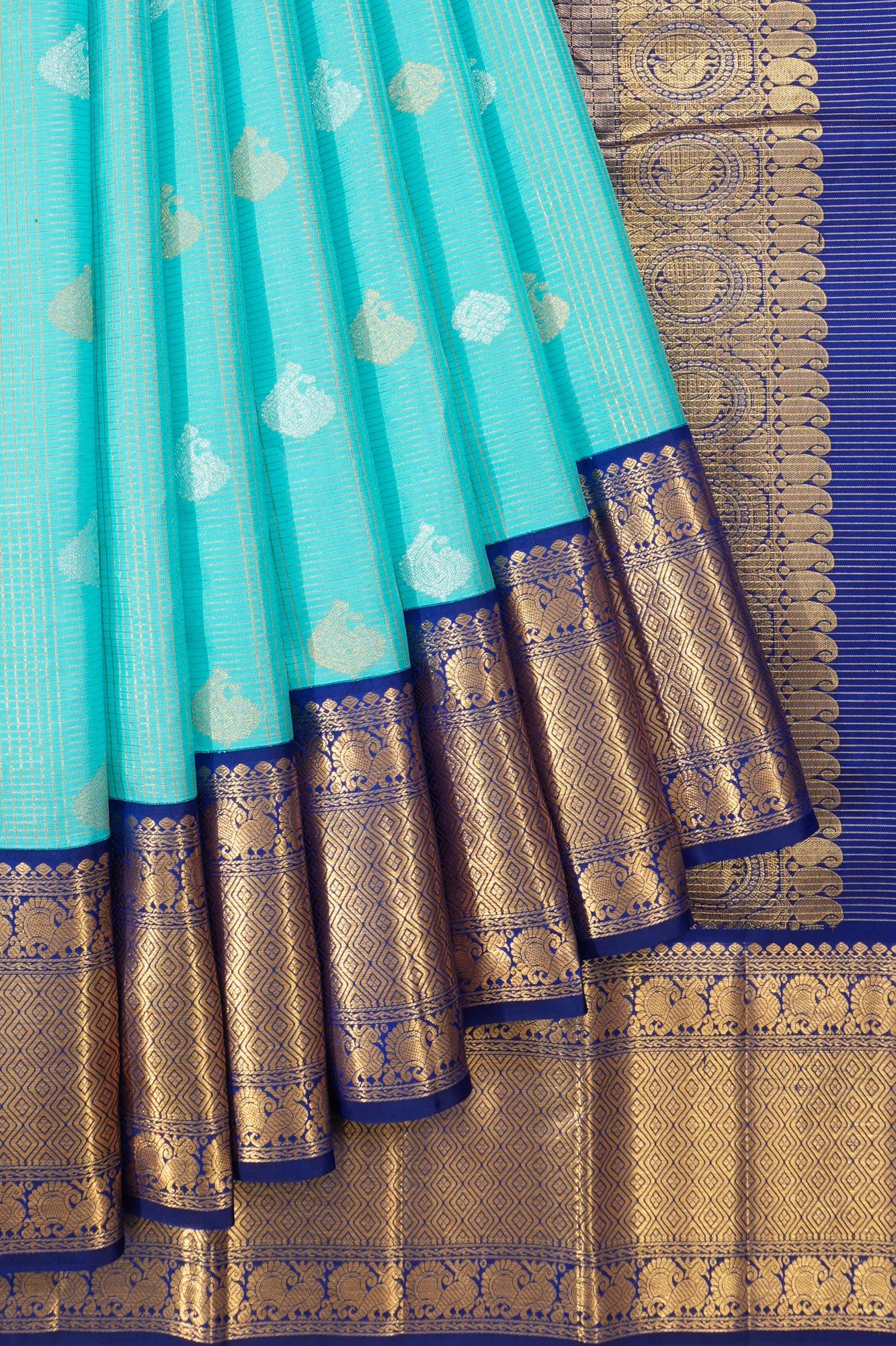 Classic Kanchipuram Silk Checks And Butta Sky Blue Saree