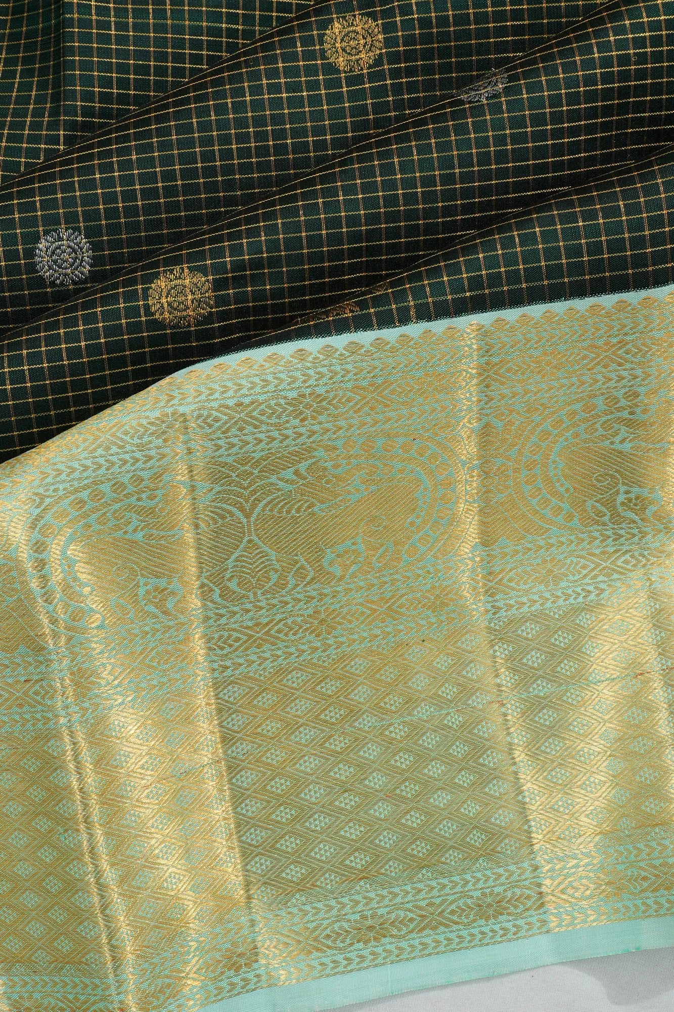 Kanchipuram Silk Checks And Butta Bottle Green Saree