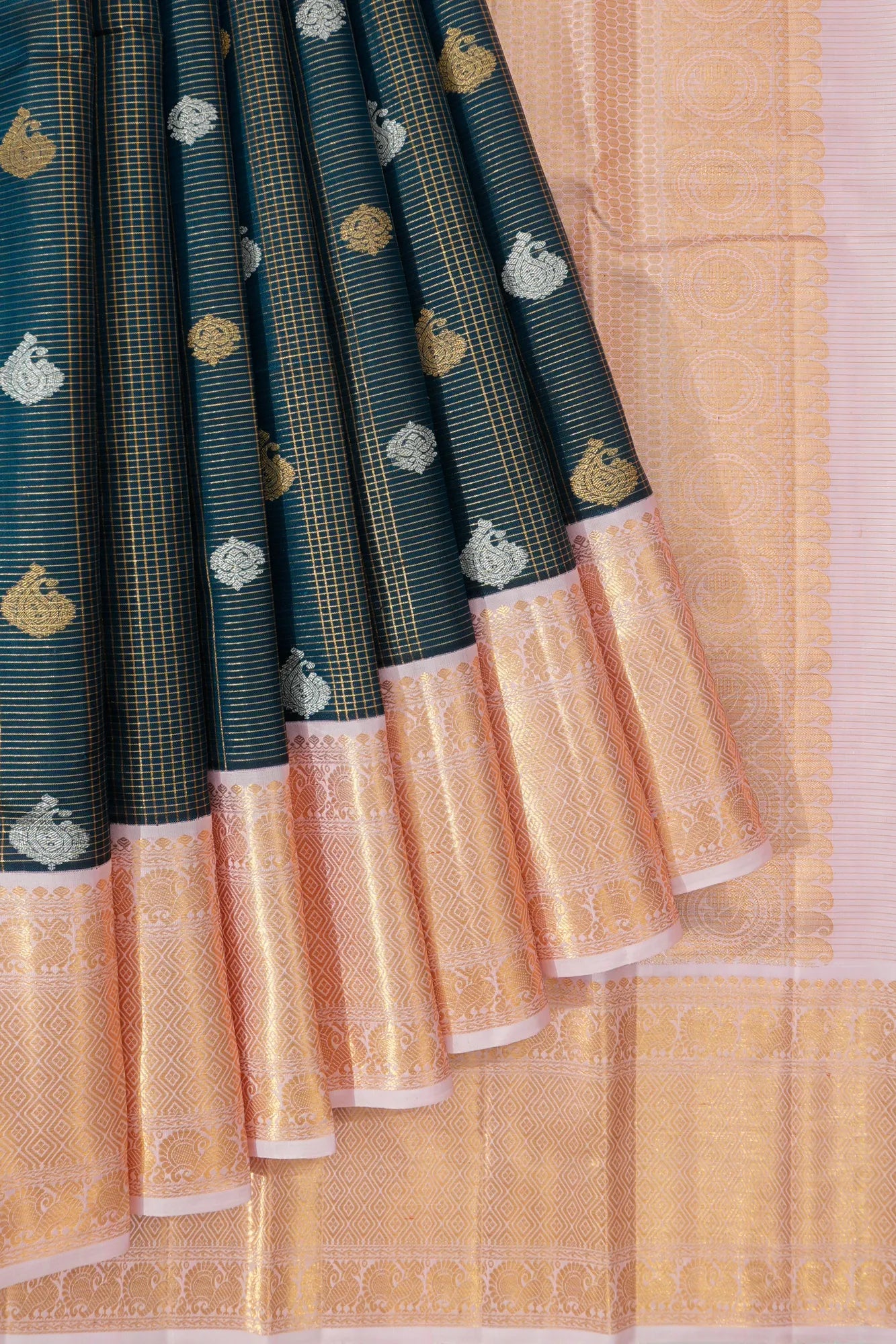 Kanchipuram Silk Checks And Butta Bottle Green Saree