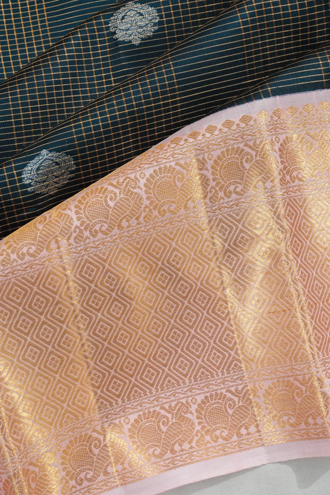 Kanchipuram Silk Checks And Butta Bottle Green Saree