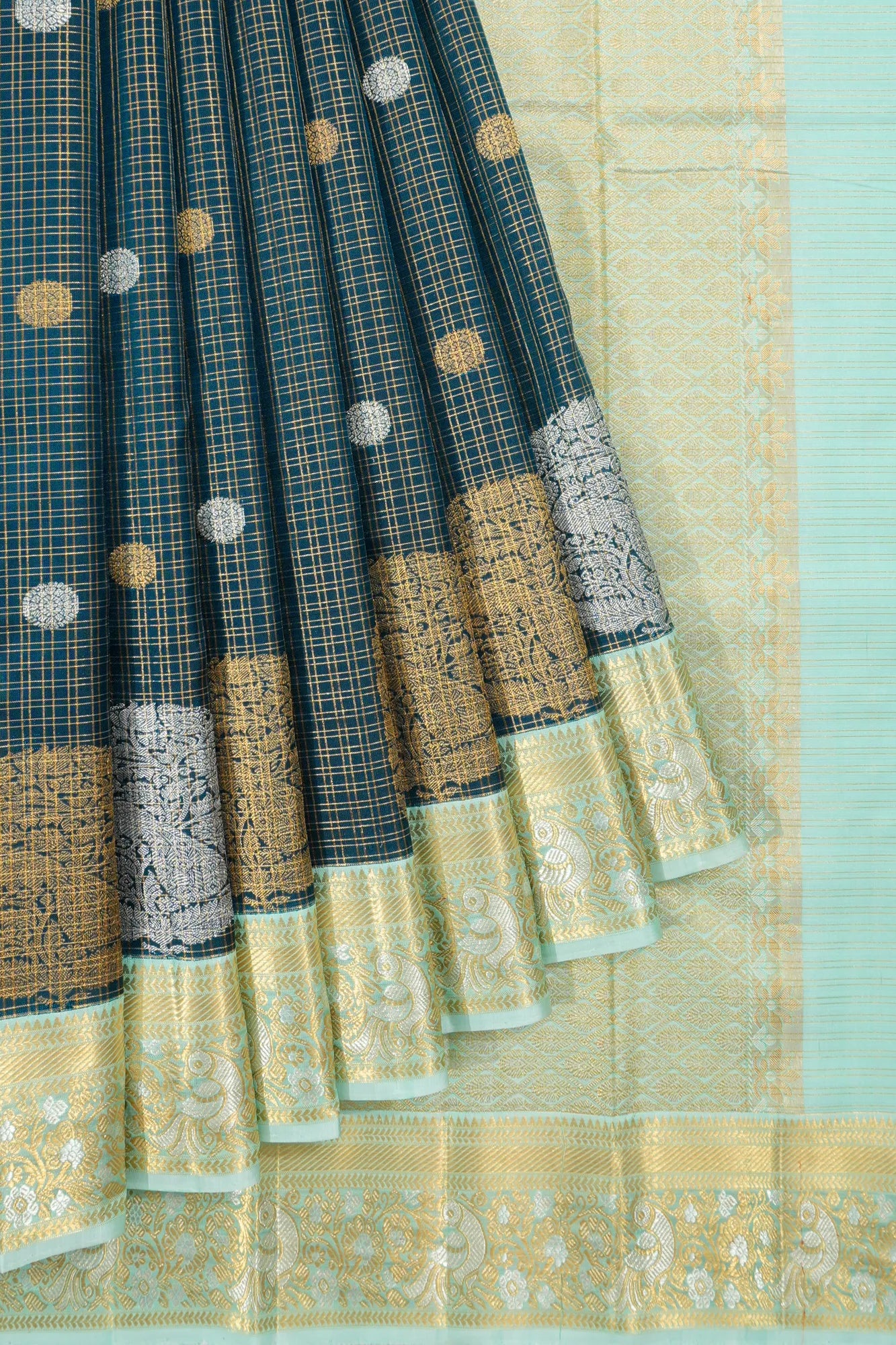 Kanchipuram Silk Checks And Butta Bottle Green Saree