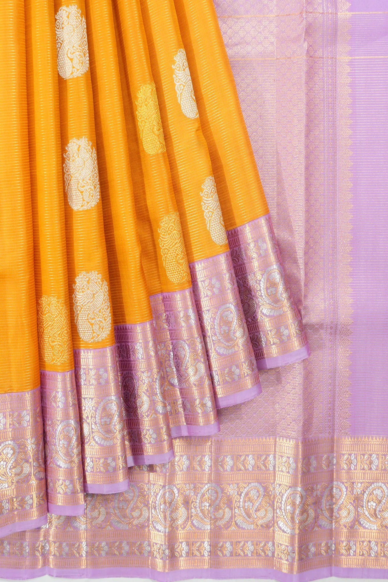 Kanchipuram Silk Butta And Oosi Lines Yellow Saree