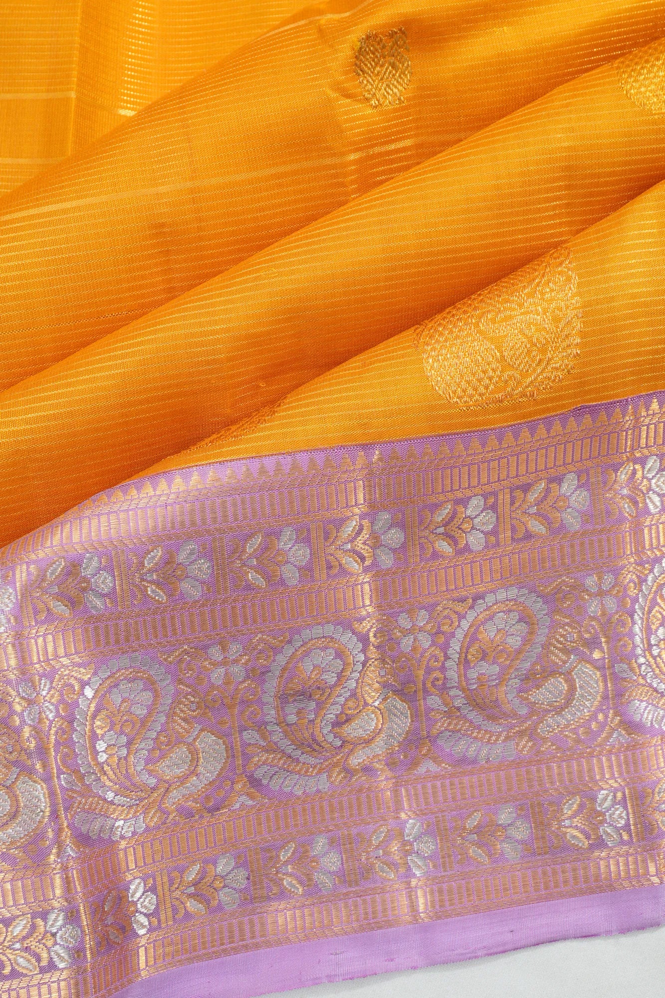 Kanchipuram Silk Butta And Oosi Lines Yellow Saree