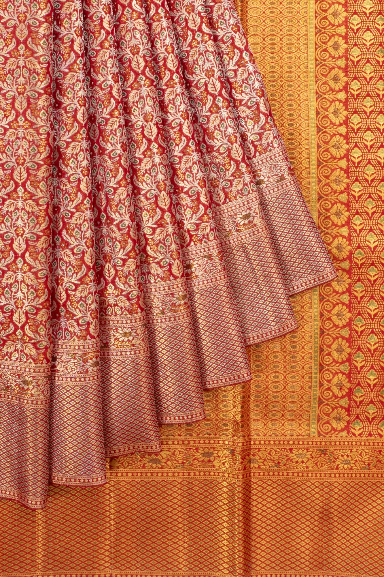Kanchipuram Silk Tissue Jaal Red Saree