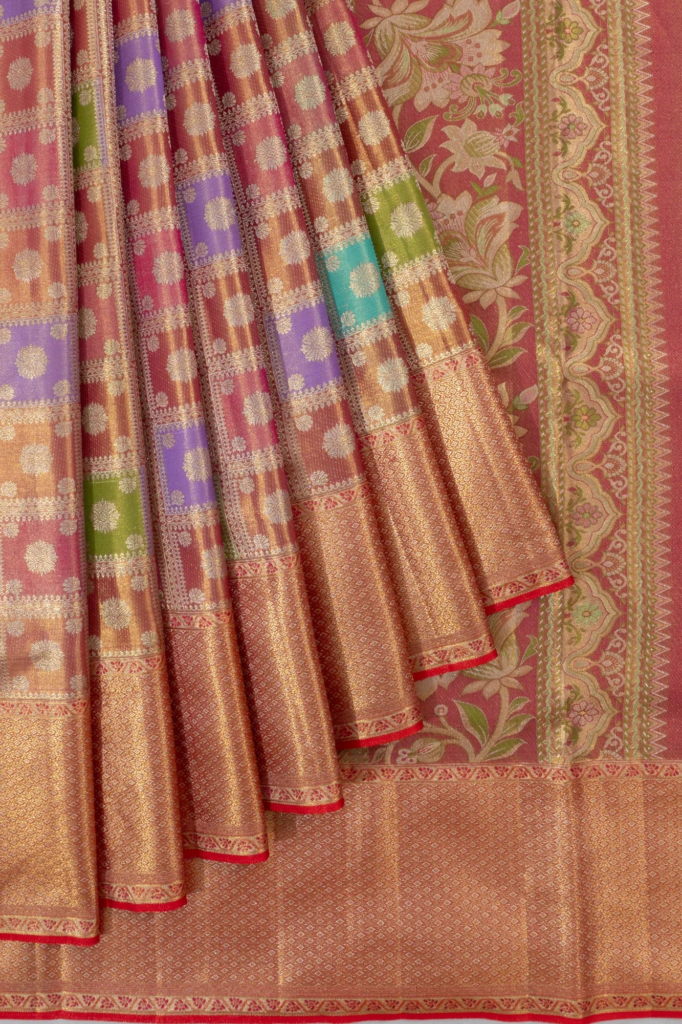 Kanchipuram Silk Checks And Butta Pink Saree