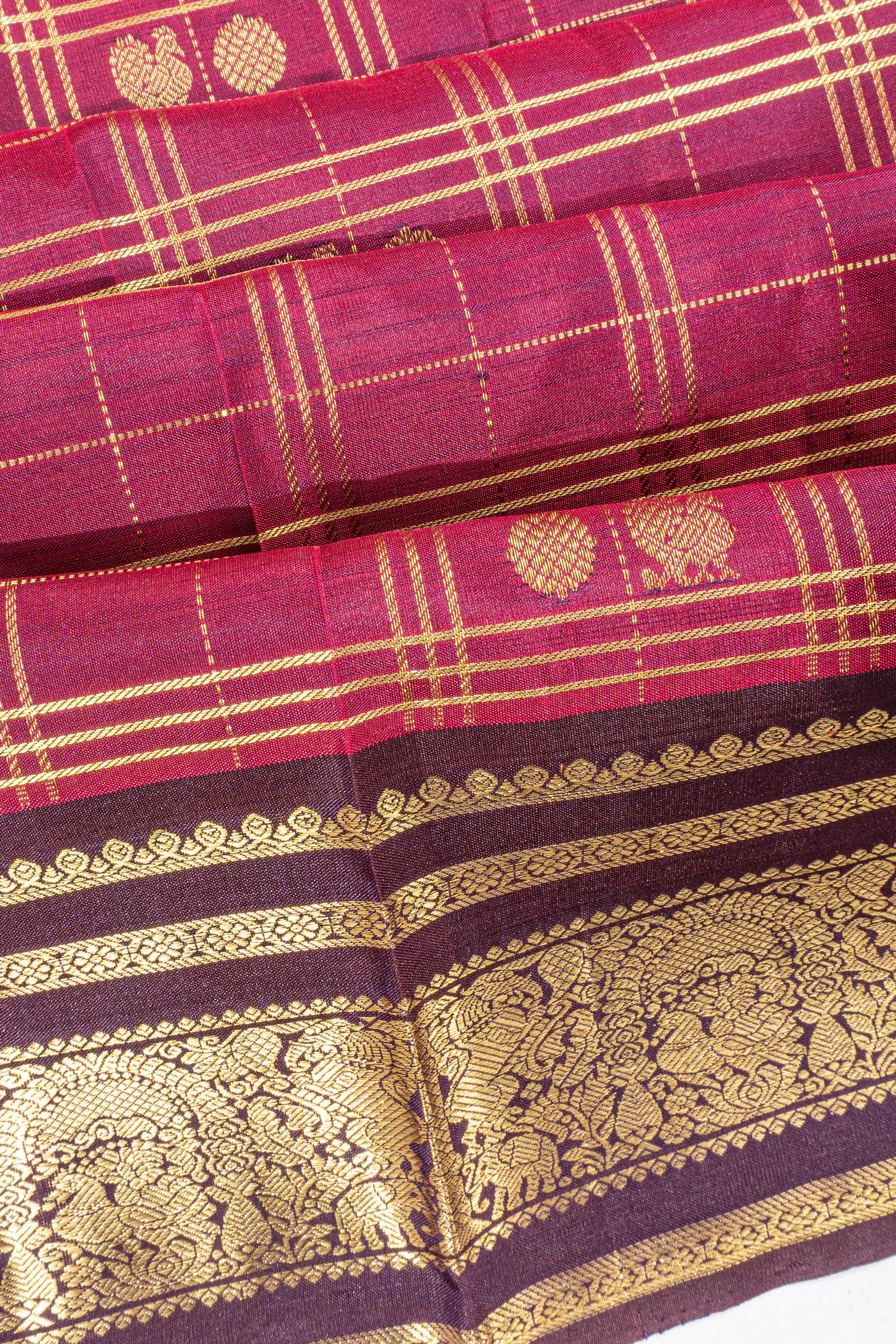 Classic Kanchipuram Silk Checks And Butta Maroon Saree