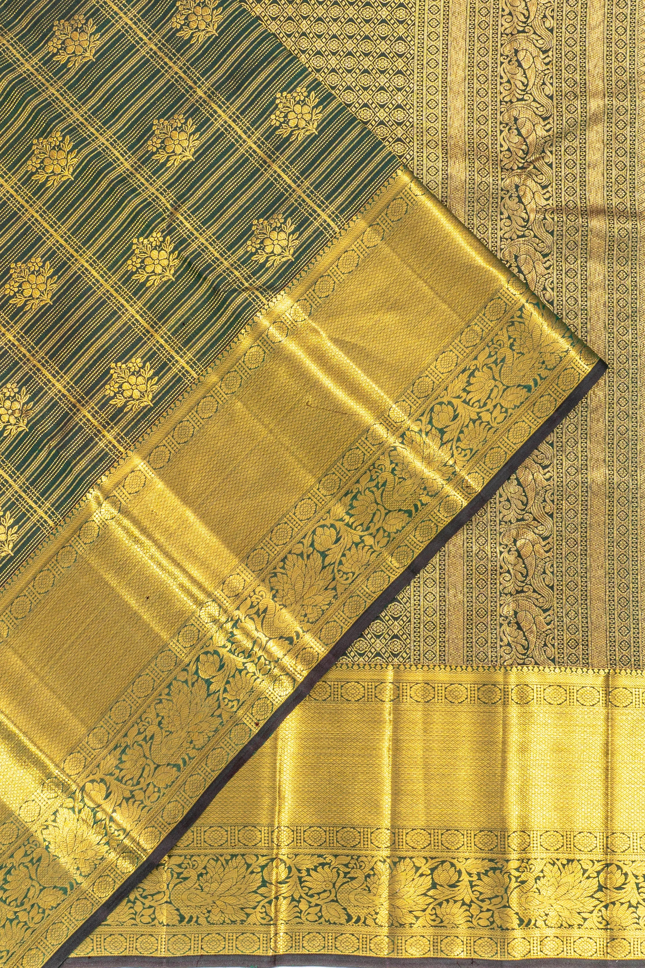 Taranga Kanchi Silk Checks And Butta Dark Green Saree