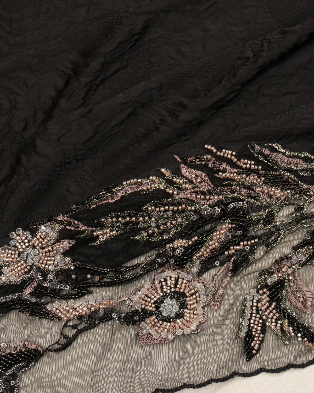 Crushed Satin Plain Black Saree With Embroidery And Readymade Blouse