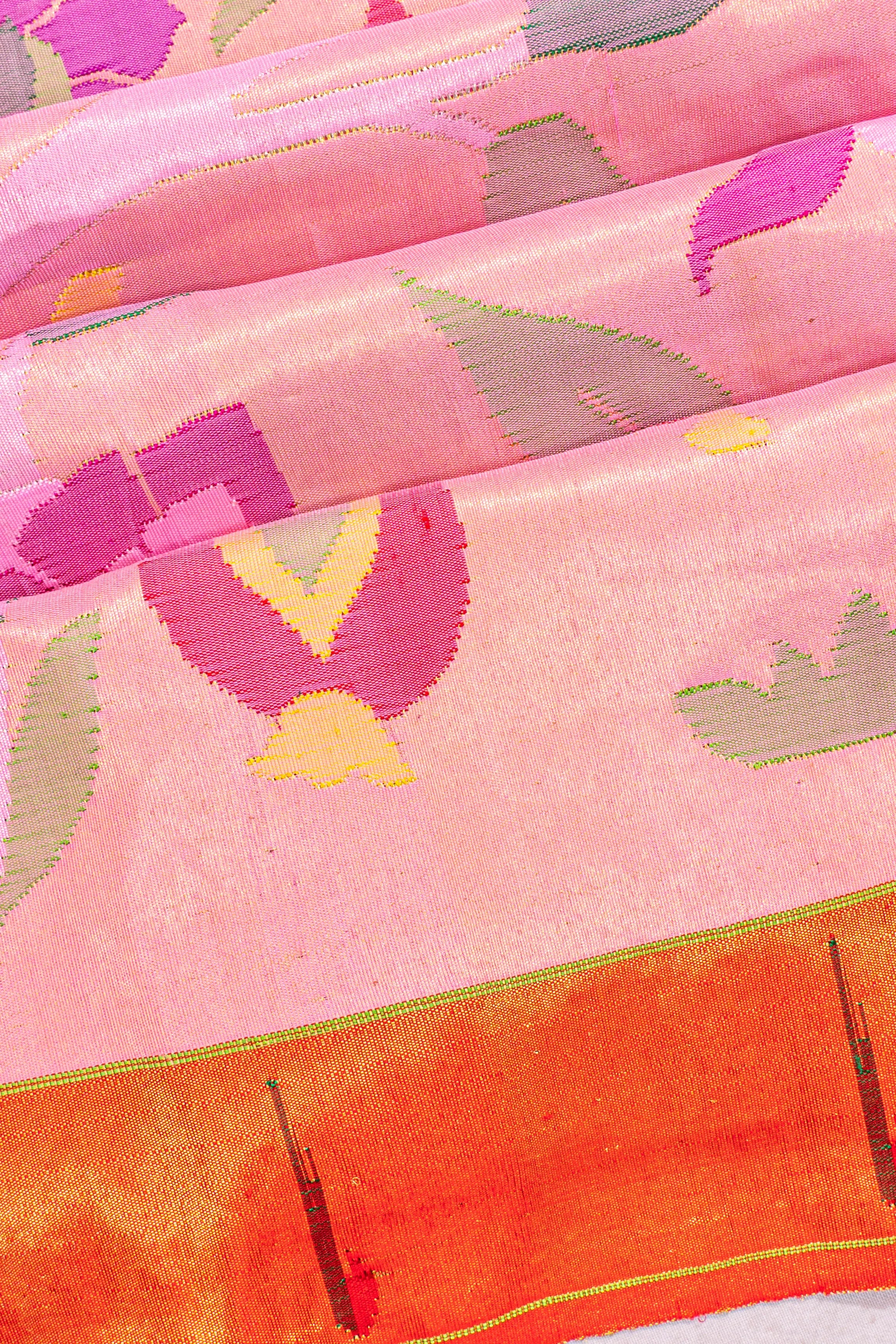 Paithani Silk Tissue All Over Jaal Baby Pink Saree With Single Muniya Border