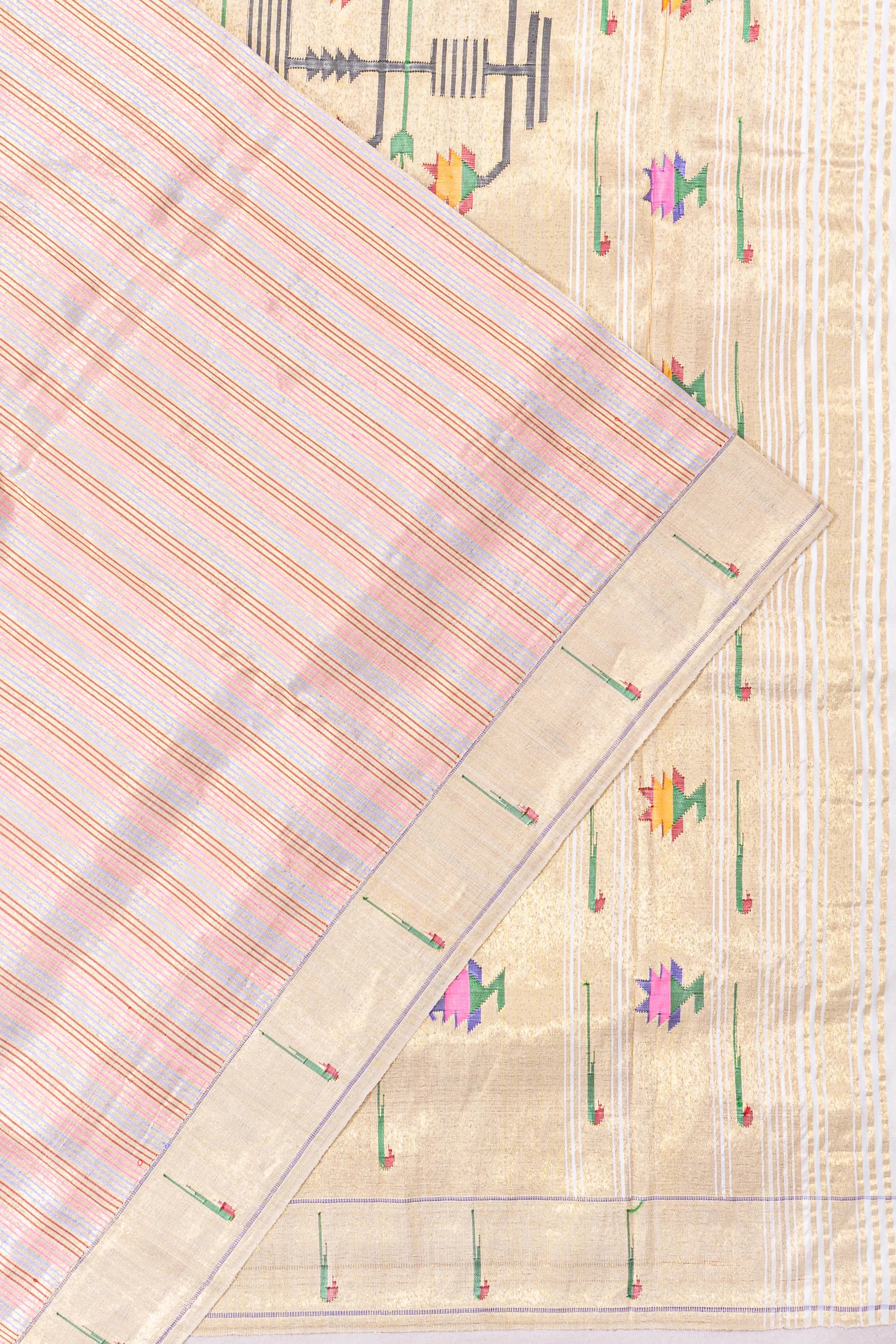Paithani Silk Tissue Retro Stripes Pink And Blue Saree