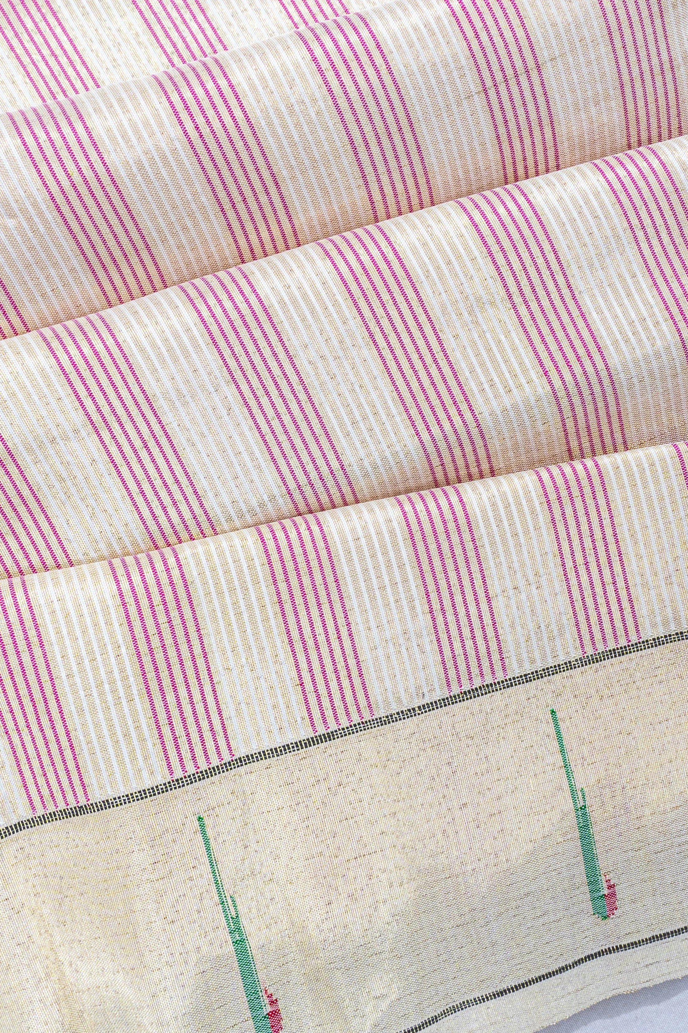 Paithani Silk Tissue Retro Stripes White And Pink Saree