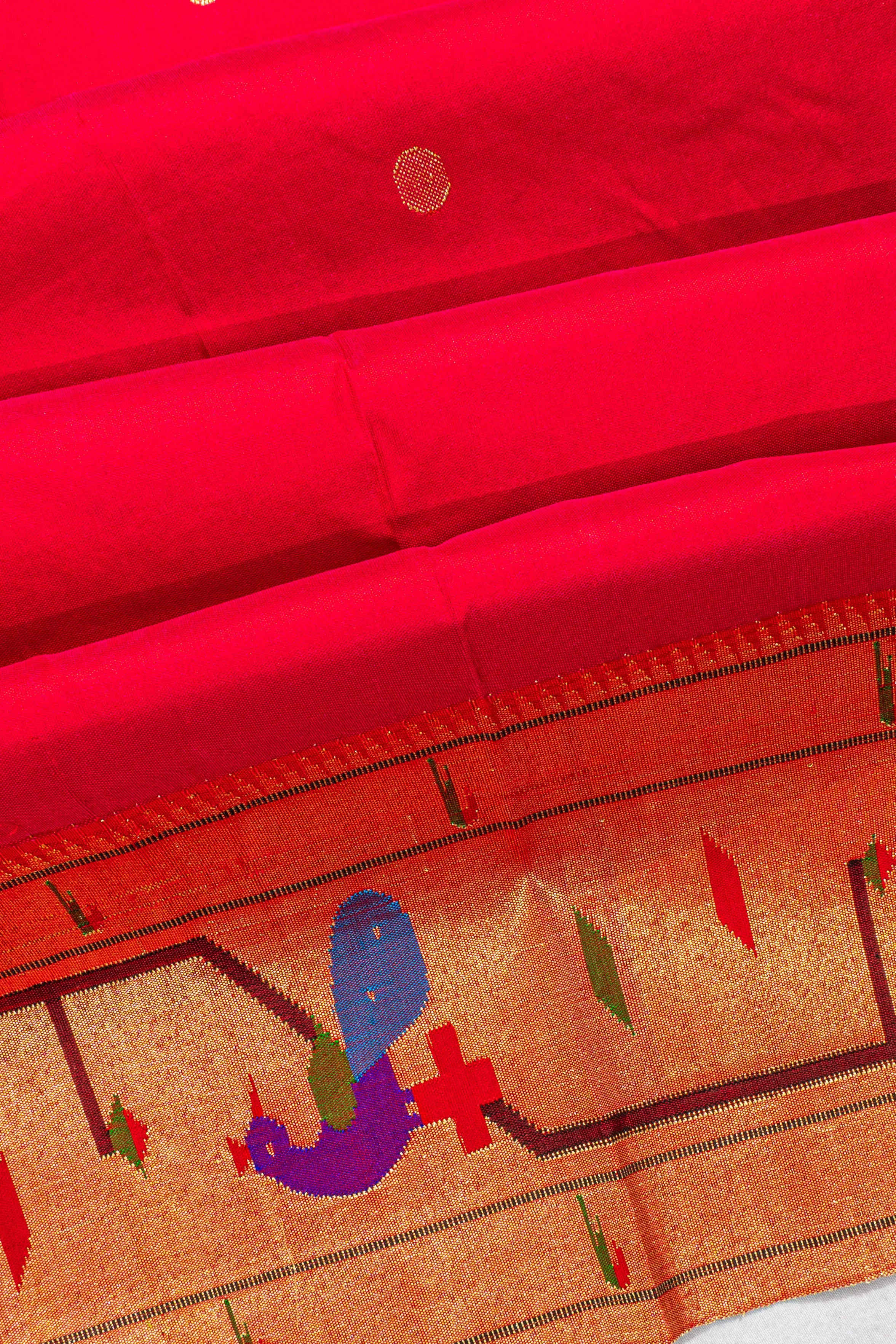 Paithani Silk Butta Red Saree With Akruthi Border