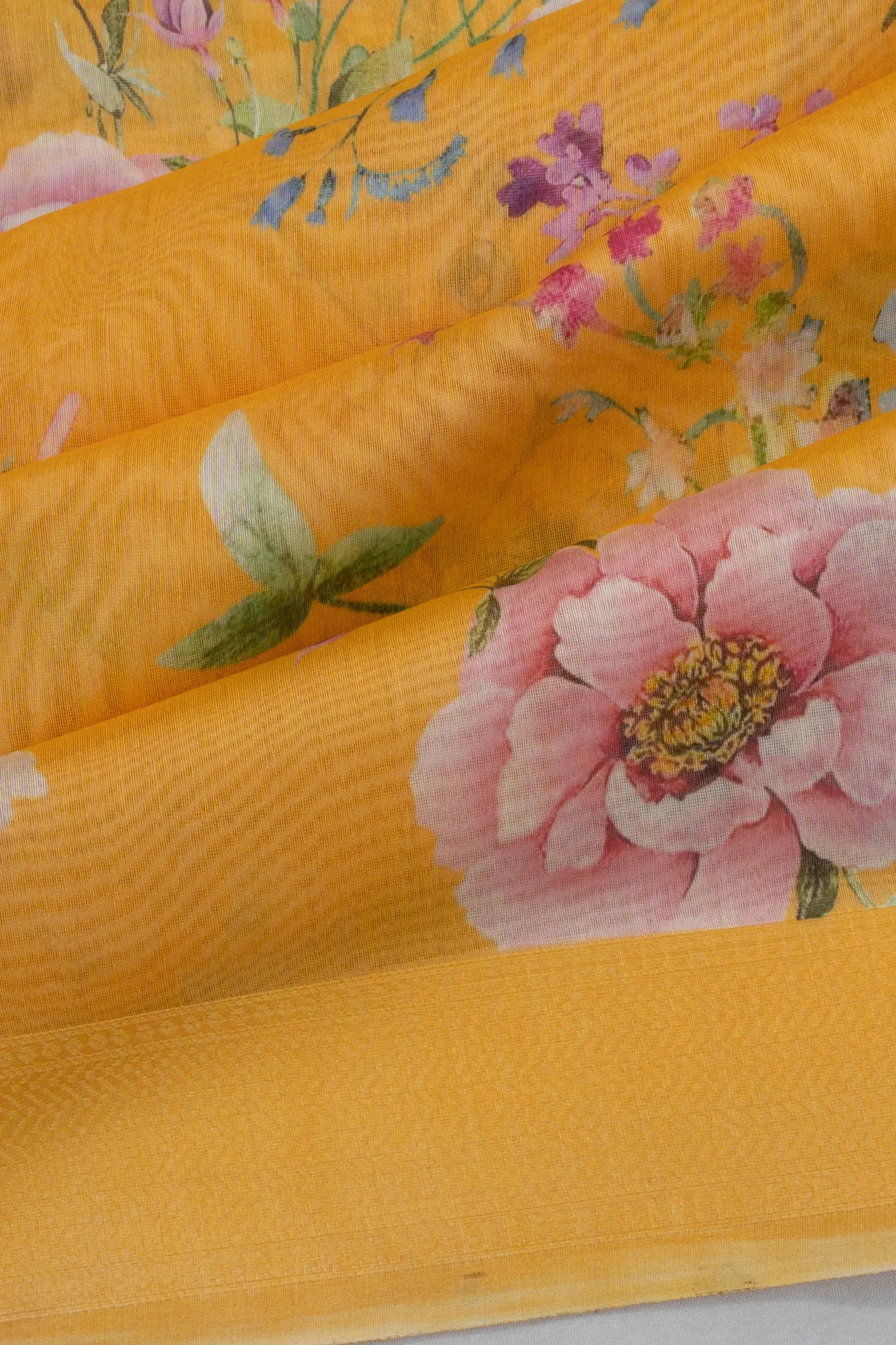 Chanderi Cotton Printed Yellow Saree