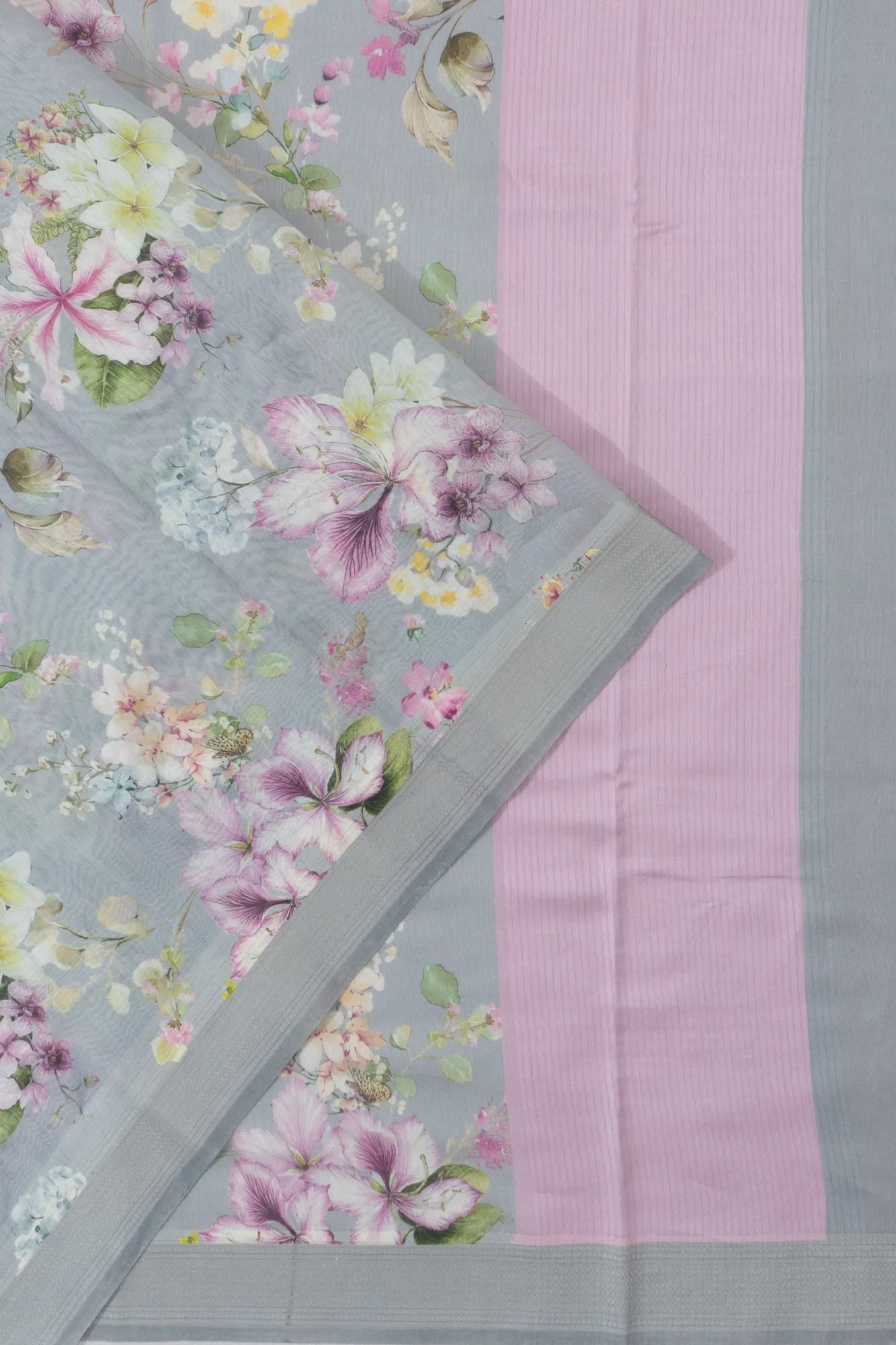 Chanderi Cotton Printed Grey Saree