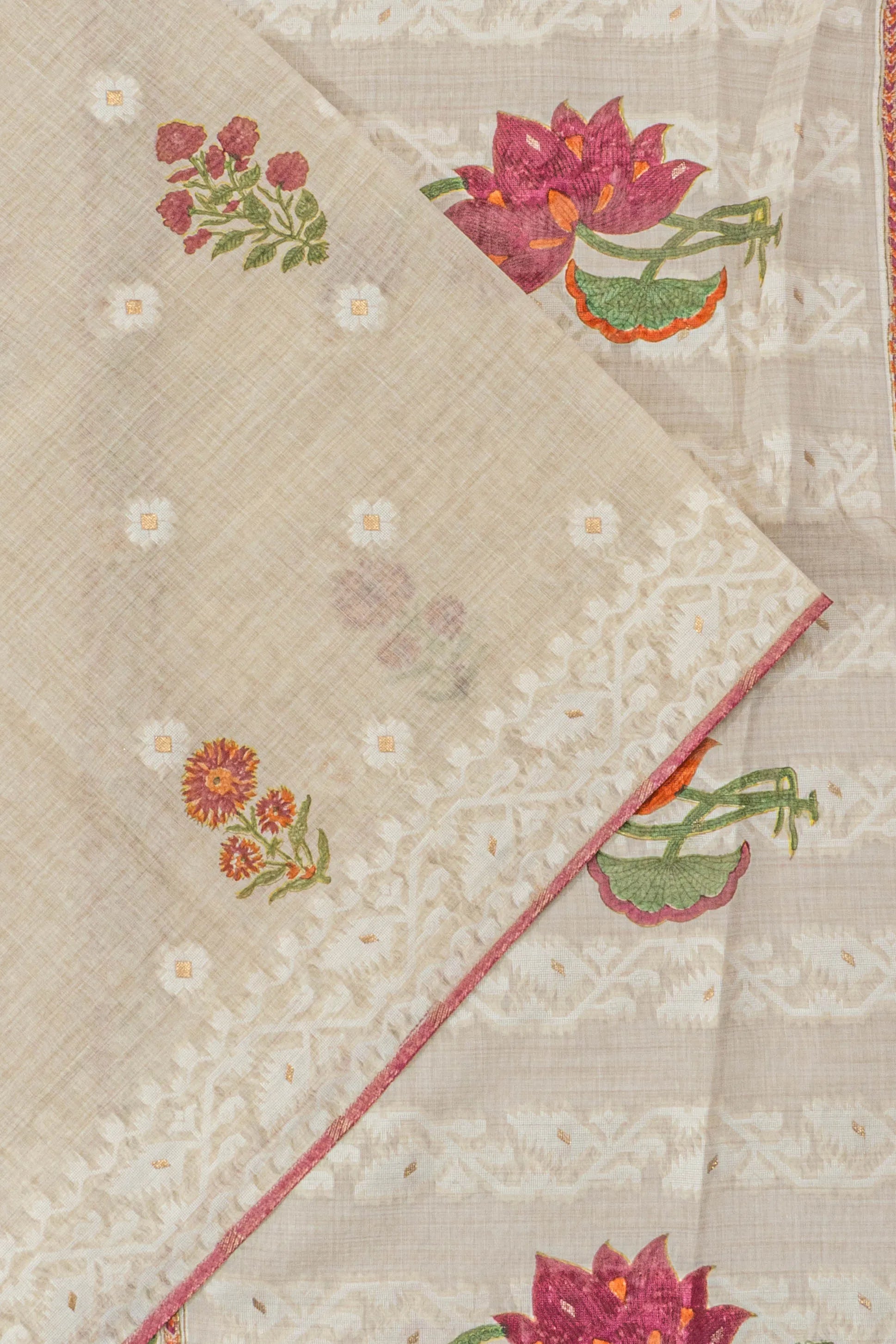 Chanderi Cotton Printed Butta Beige Saree