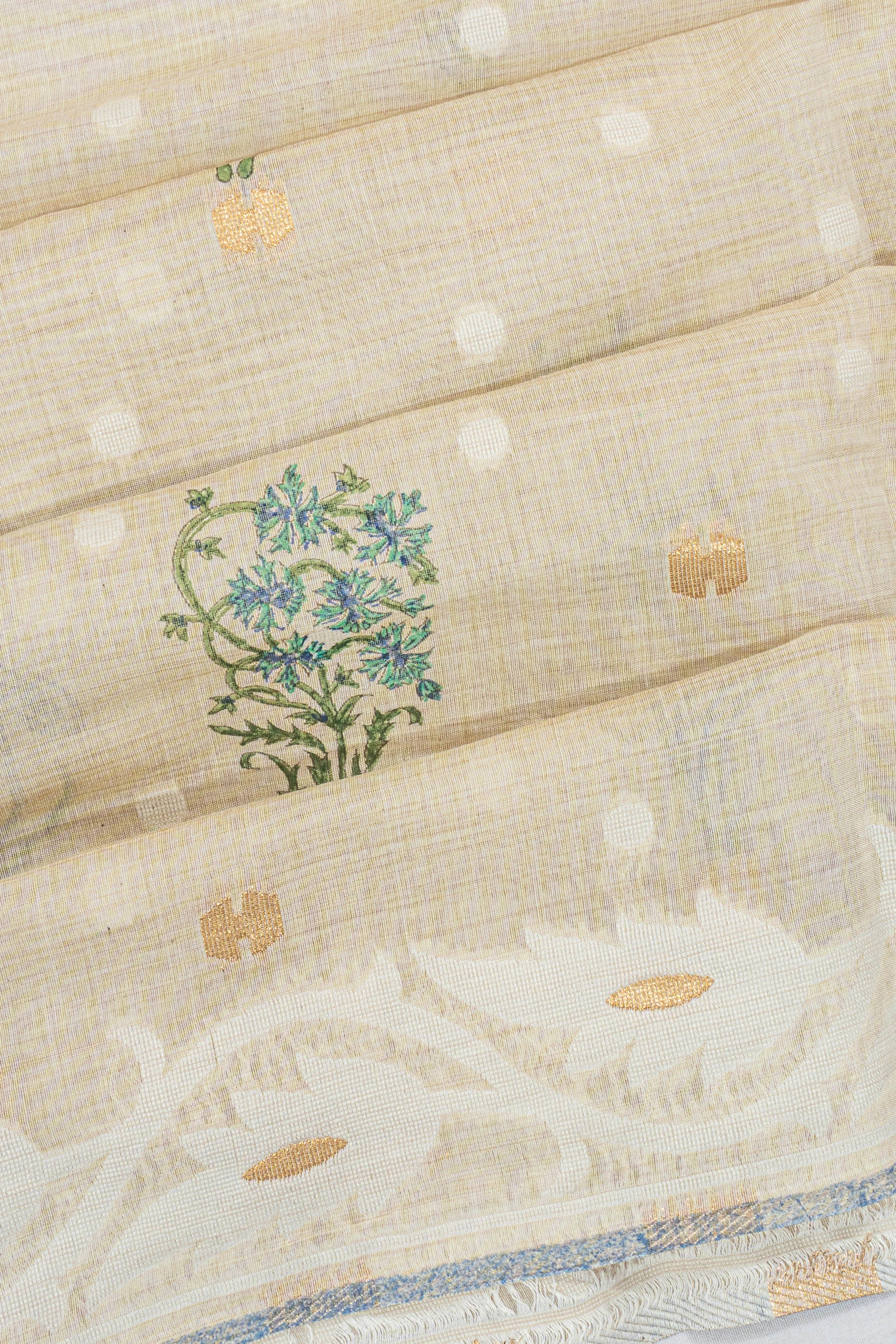 Chanderi Cotton Printed Butta Beige Saree