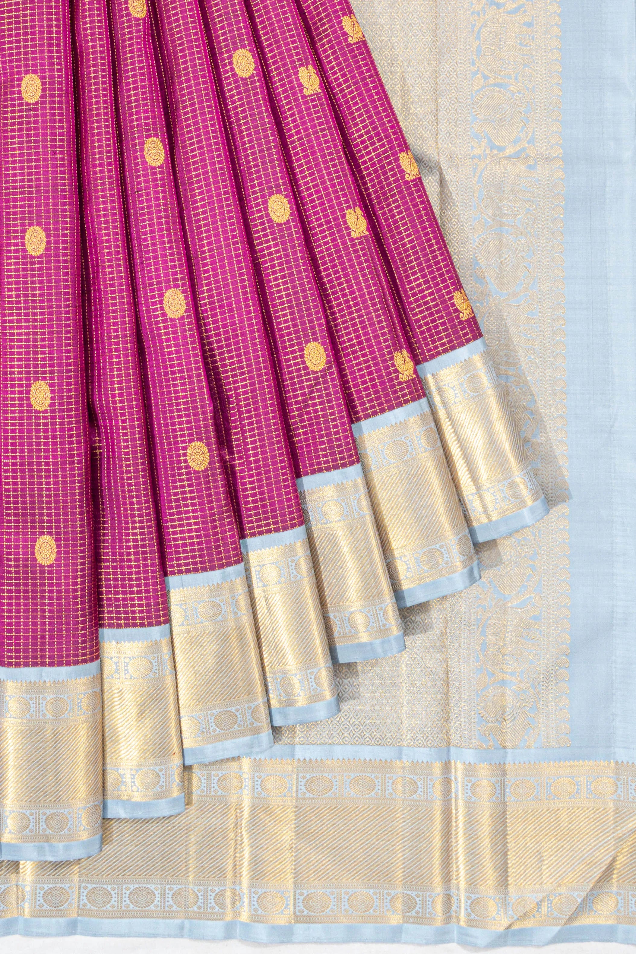 Kanchipuram Silk Checks And Butta Purple Saree