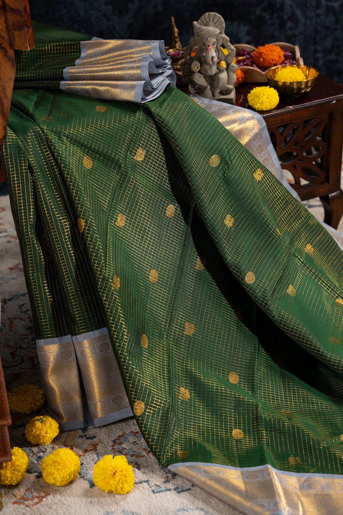 Kanchipuram Silk Checks And Butta Green Saree
