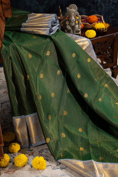 Kanchipuram Silk Checks And Butta Green Saree