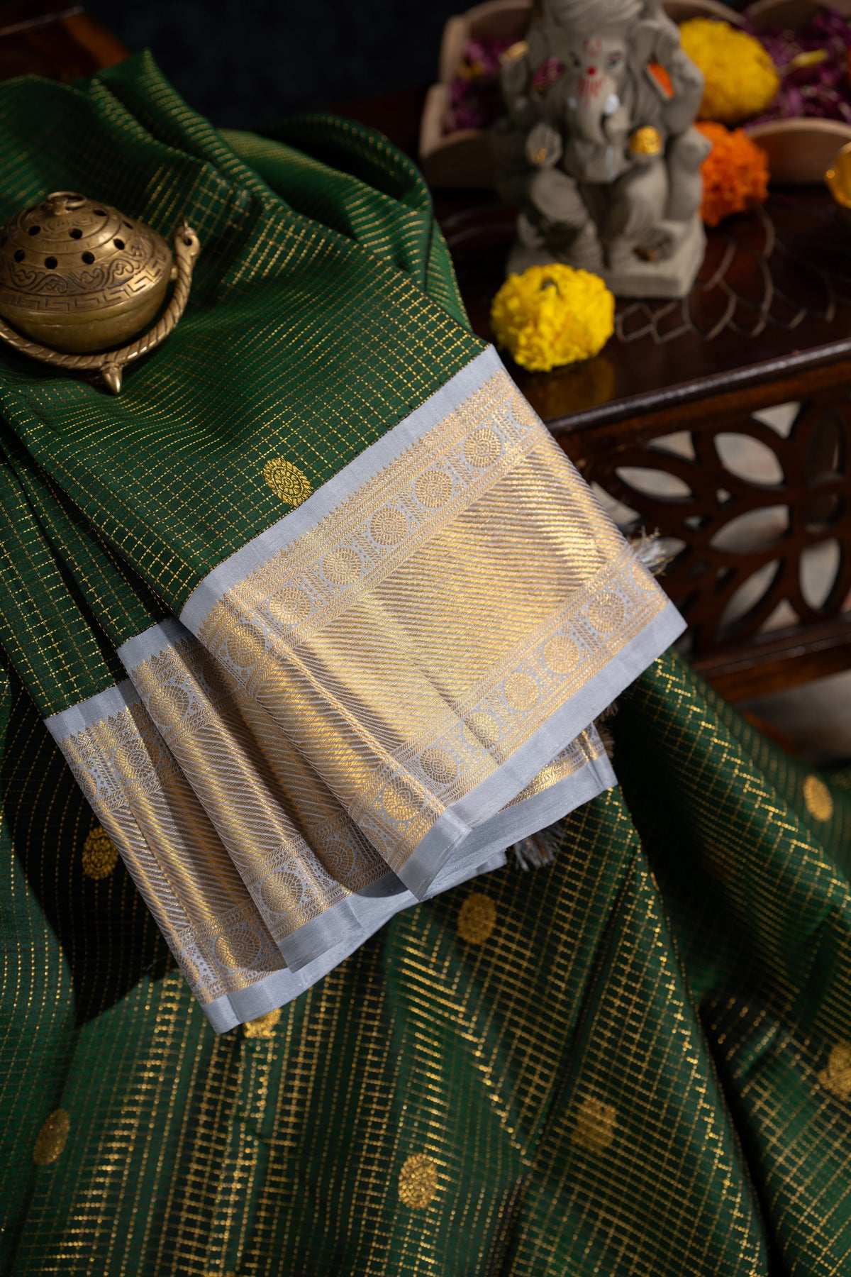 Kanchipuram Silk Checks And Butta Green Saree