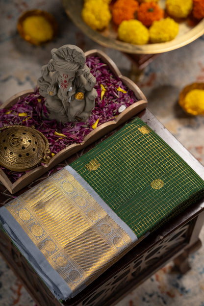 Kanchipuram Silk Checks And Butta Green Saree