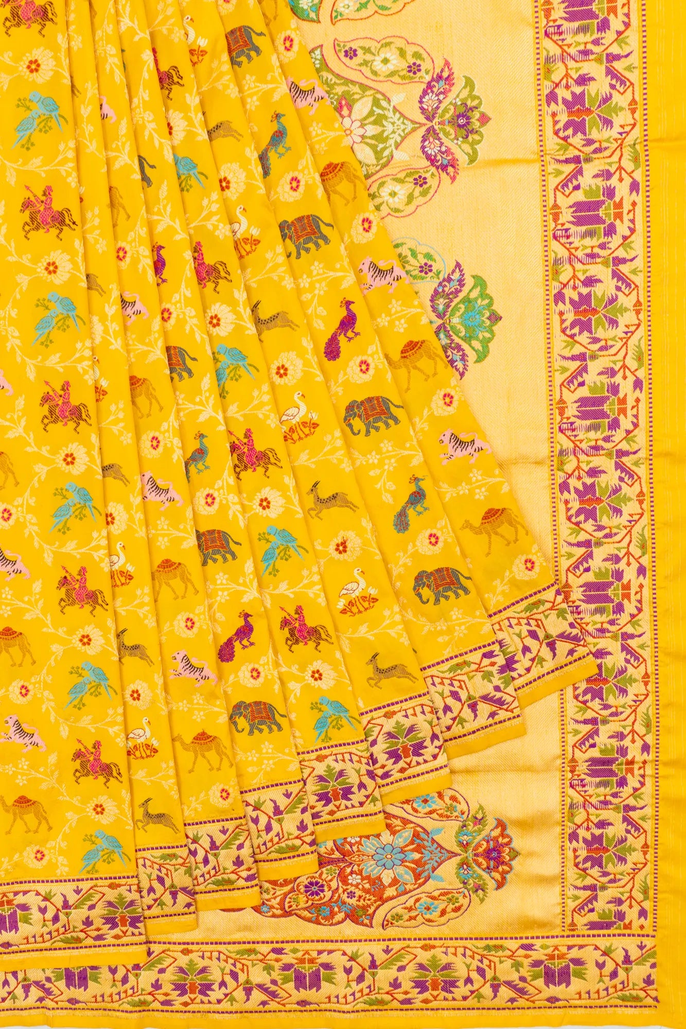 Banarasi Silk Shikargah Kadwa Butta Yellow Saree With Meenakari
