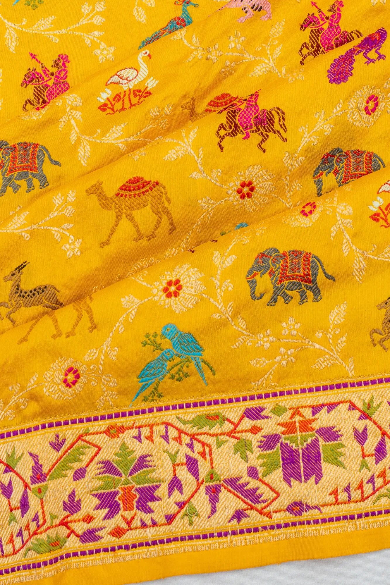 Banarasi Silk Shikargah Kadwa Butta Yellow Saree With Meenakari