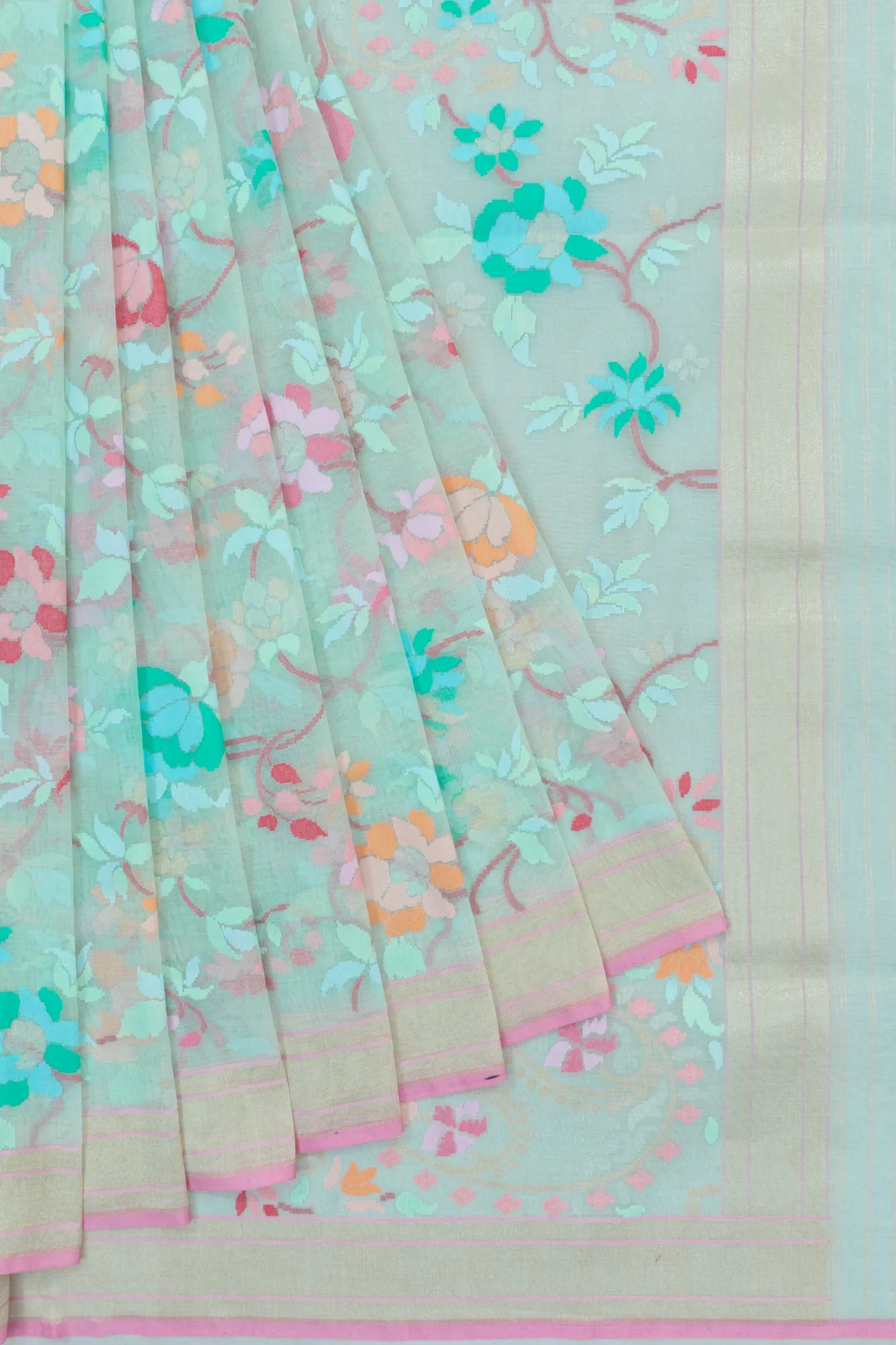Banarasi Cotton Jamdani Jaal Sea Blue Saree