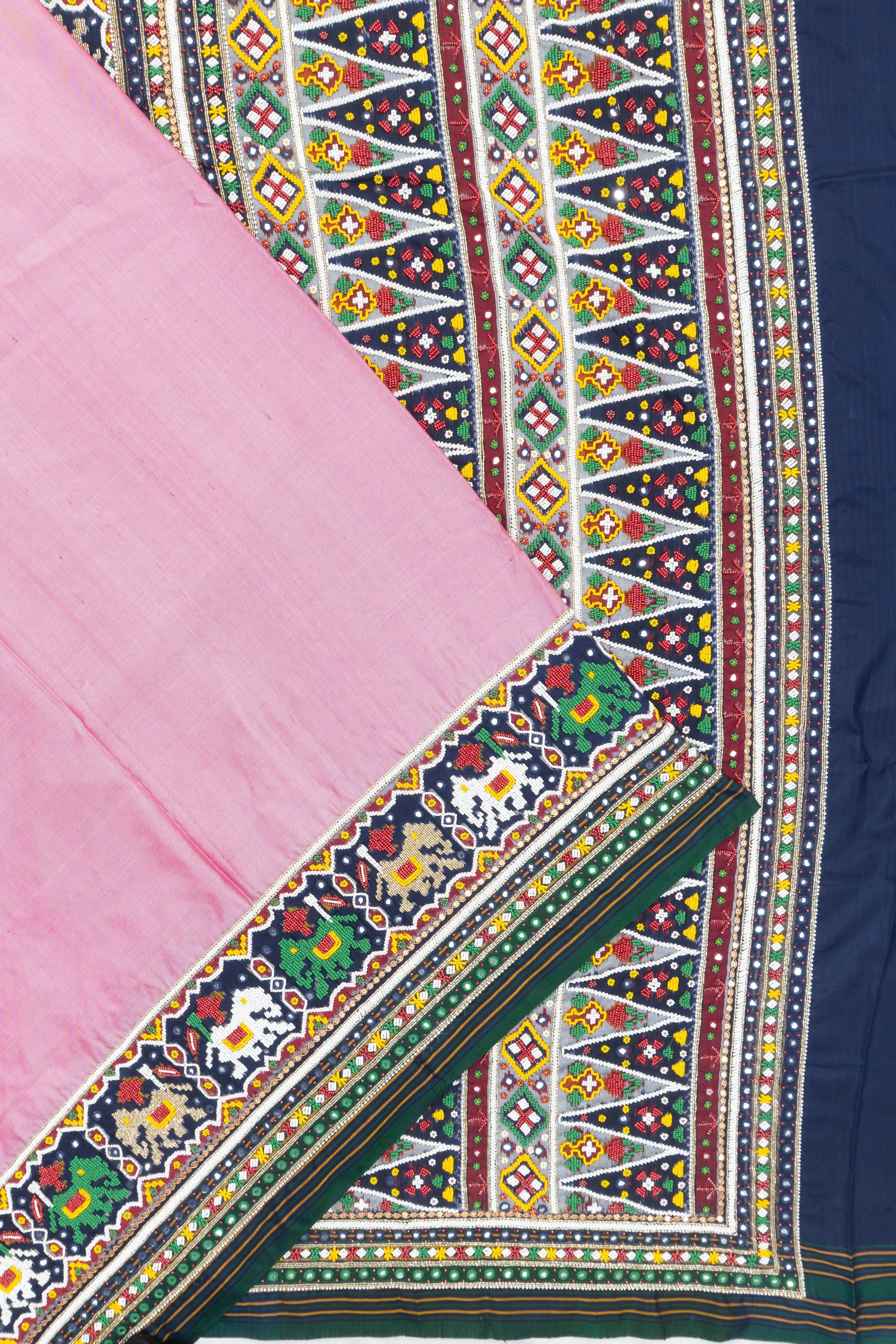 Semi Patan Silk Ikat Plain Baby Pink Saree With Kutch Hand Embroidery Border
